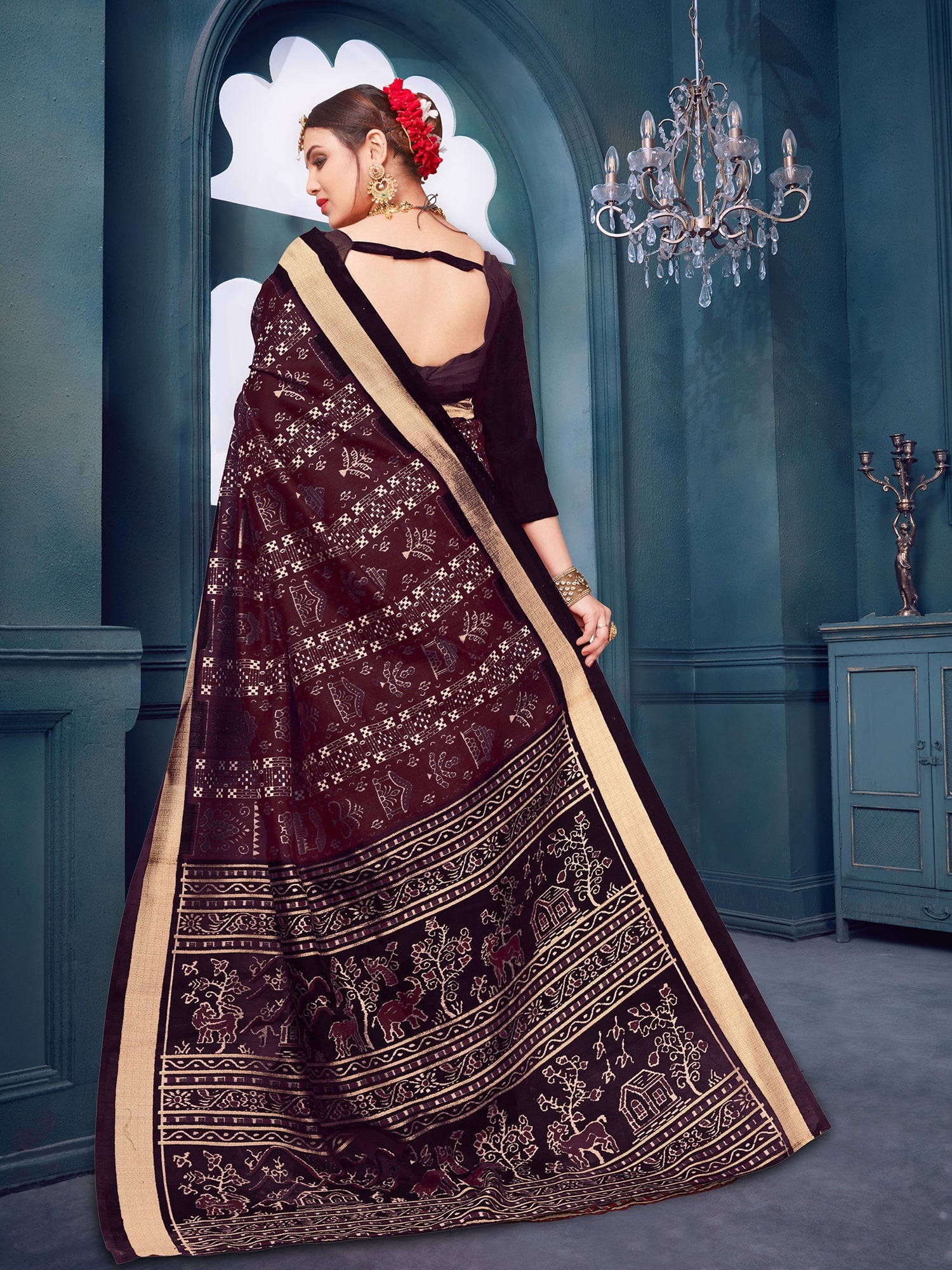Wine Warli Print Silk Saree with Gold Zari Border - Ressa