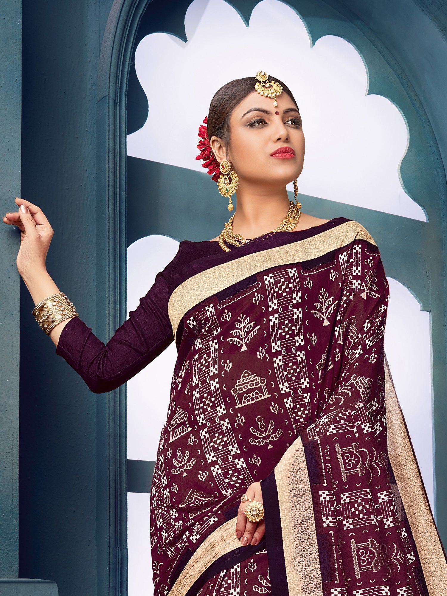 Wine Warli Print Silk Saree with Gold Zari Border - Ressa