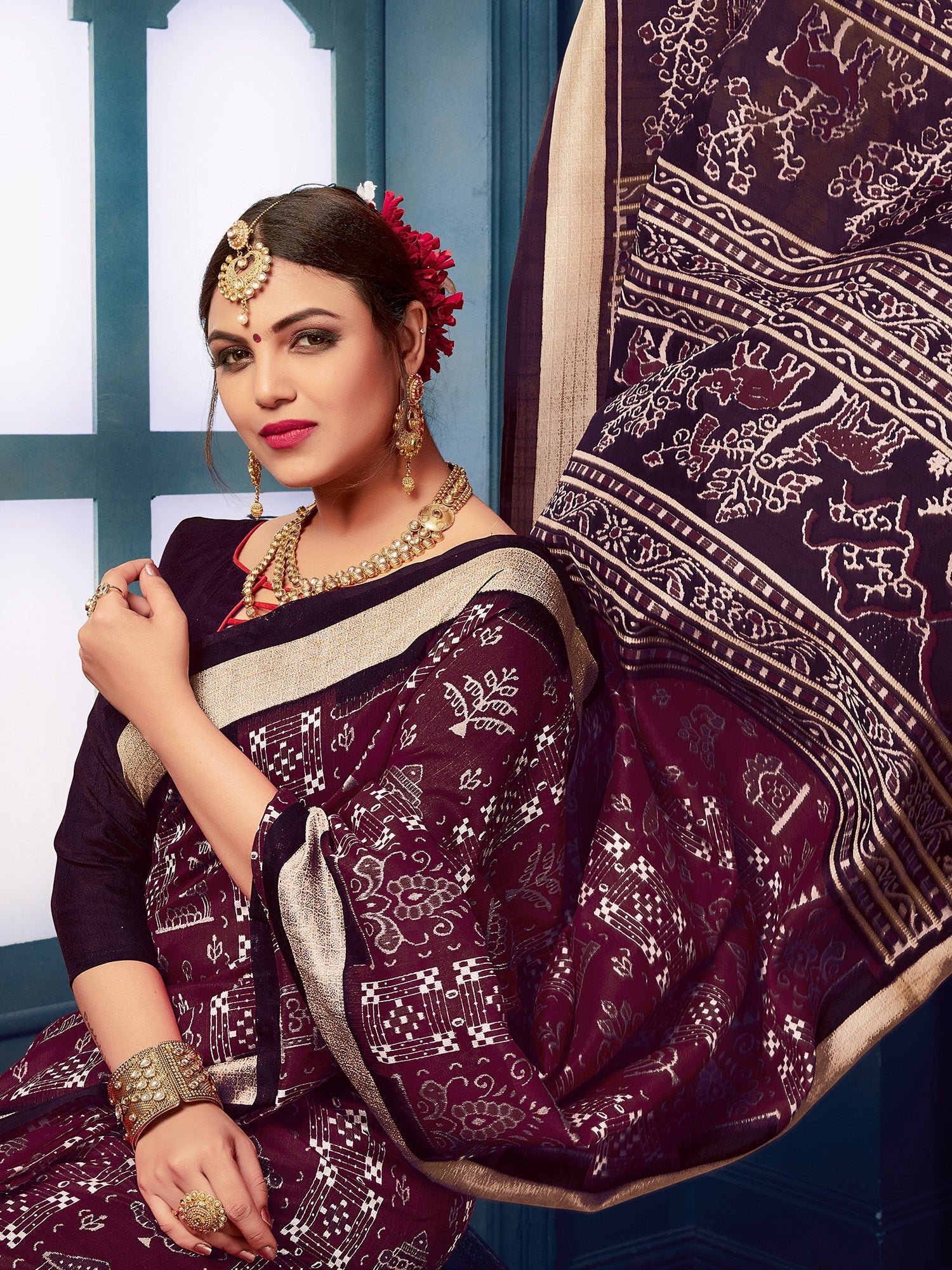 Wine Warli Print Silk Saree with Gold Zari Border - Ressa