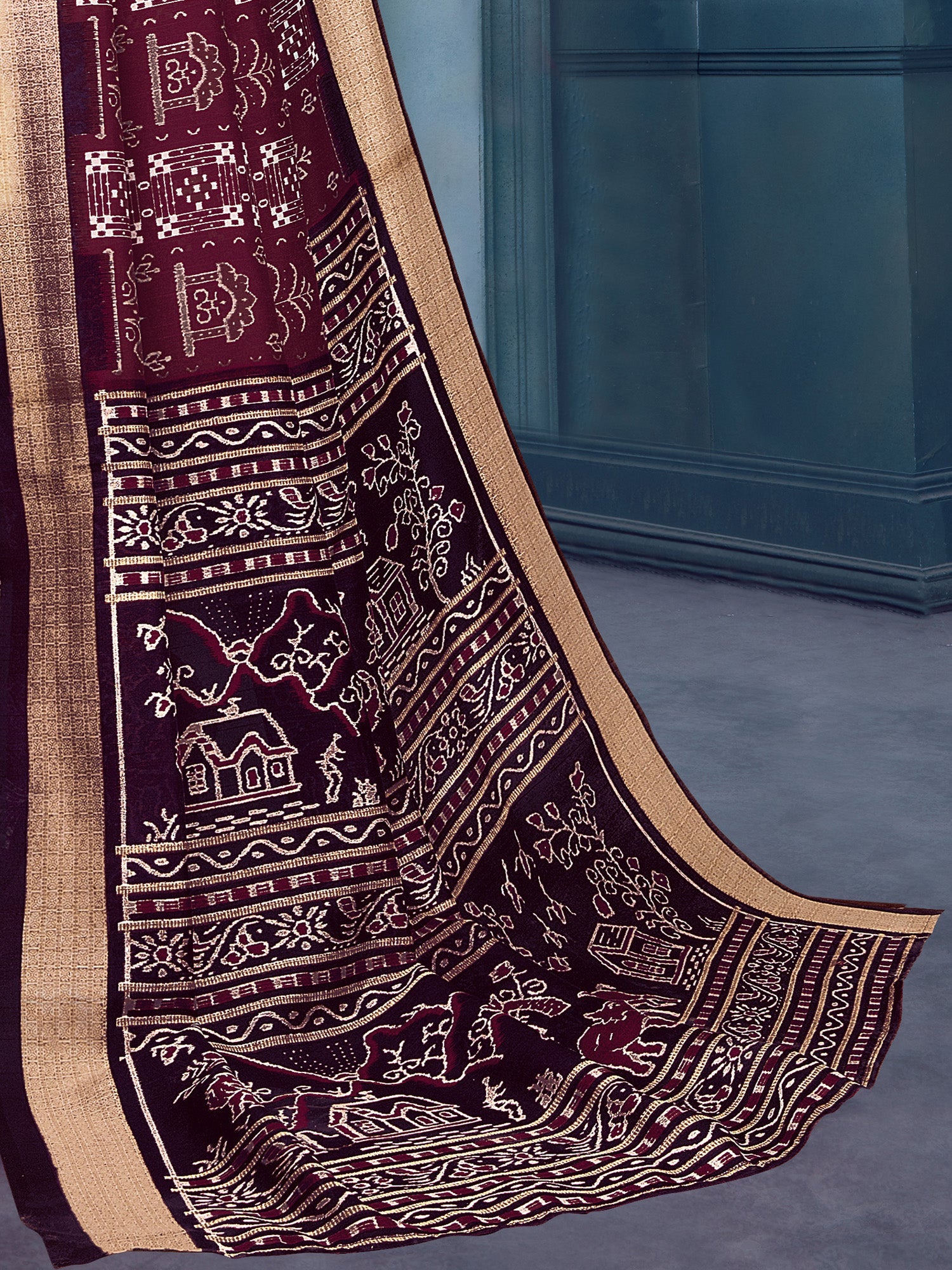 Wine Warli Print Silk Saree with Gold Zari Border - Ressa