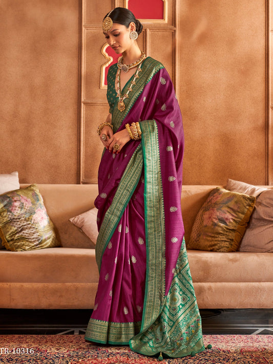 Wine Zari Woven Silk Blend Saree - Ressa