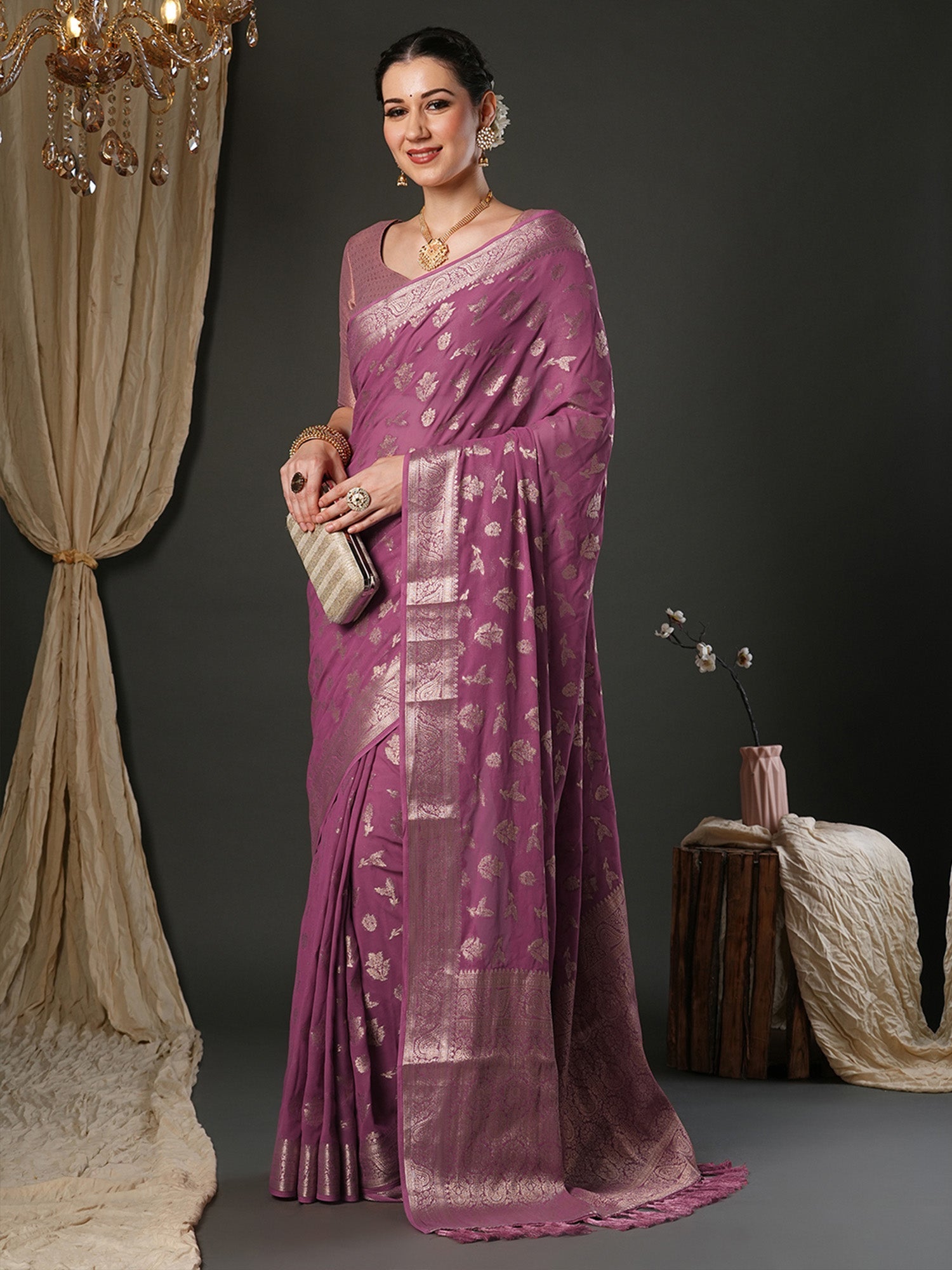 Woven Design Zari Mauve Georgette Banarasi Saree - Ressa