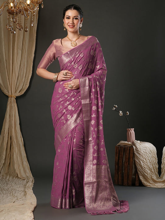 Woven Design Zari Mauve Georgette Banarasi Saree - Ressa