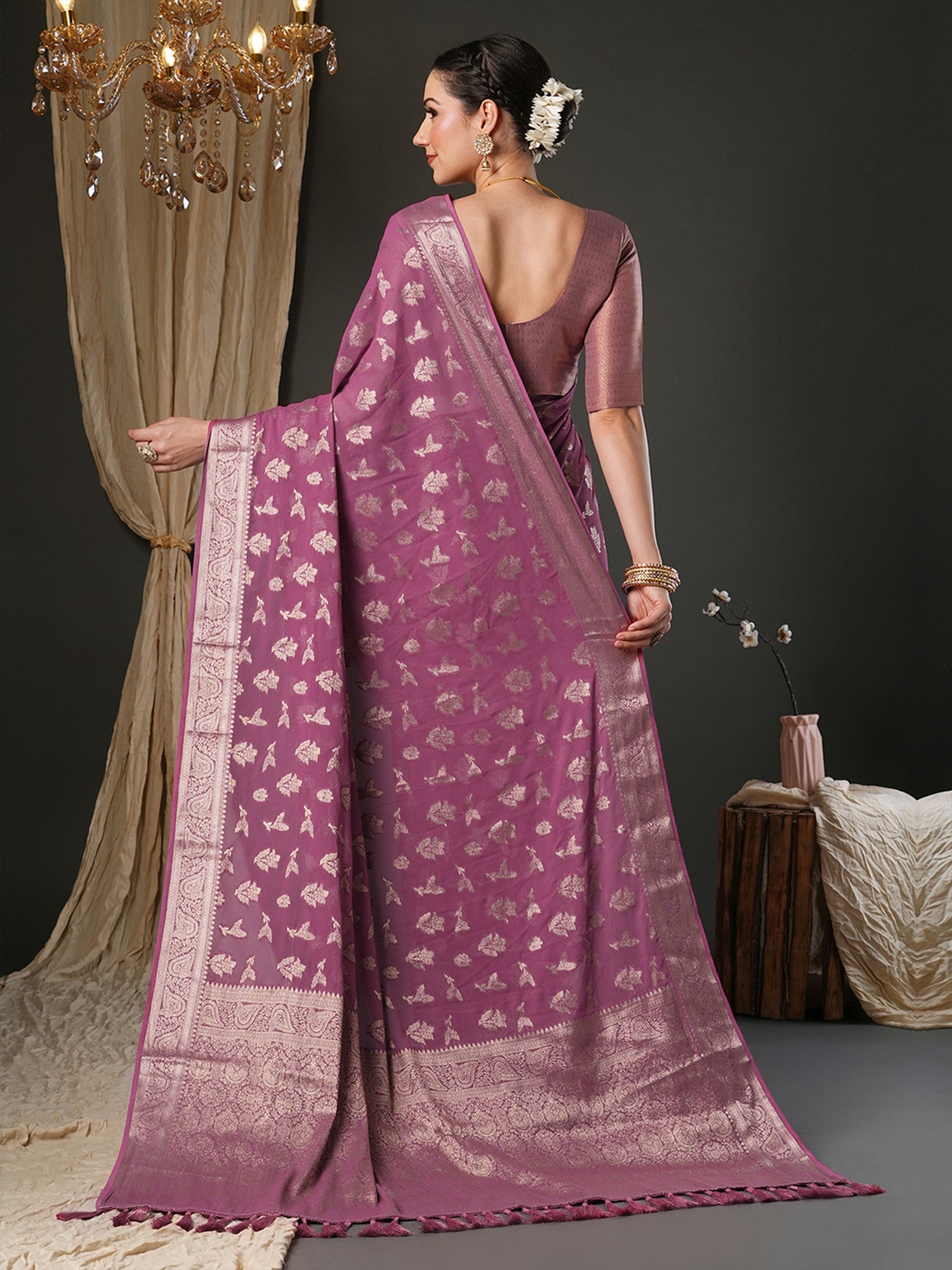 Woven Design Zari Mauve Georgette Banarasi Saree - Ressa