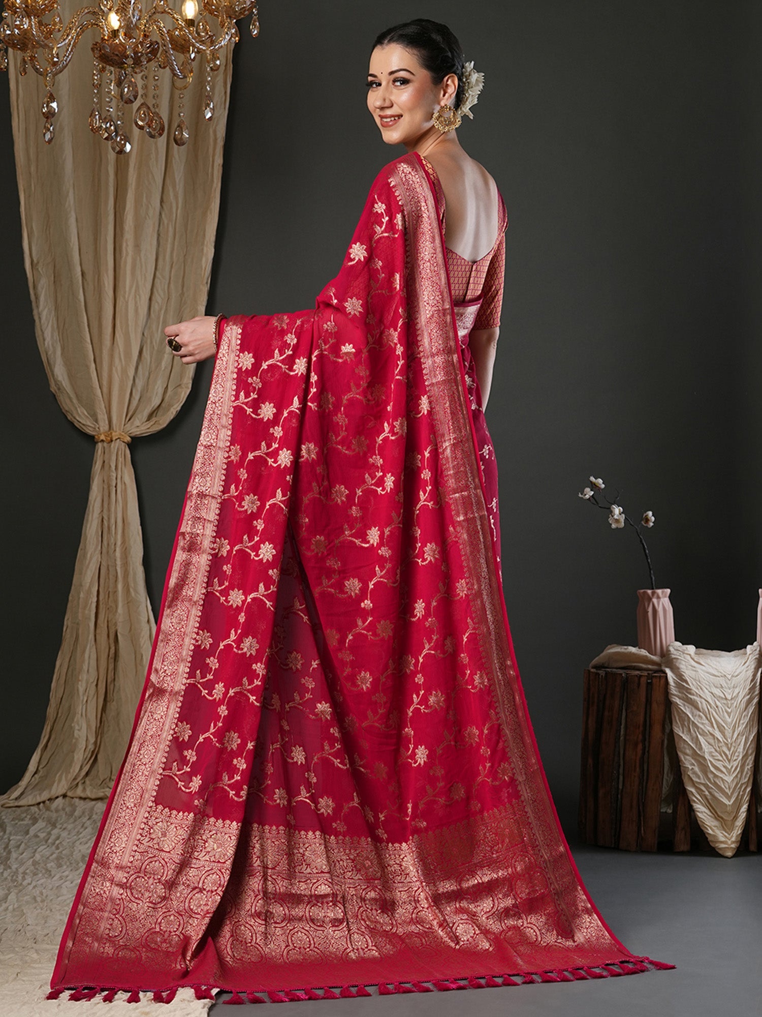 Woven Design Zari Red Georgette Banarasi Saree - Ressa