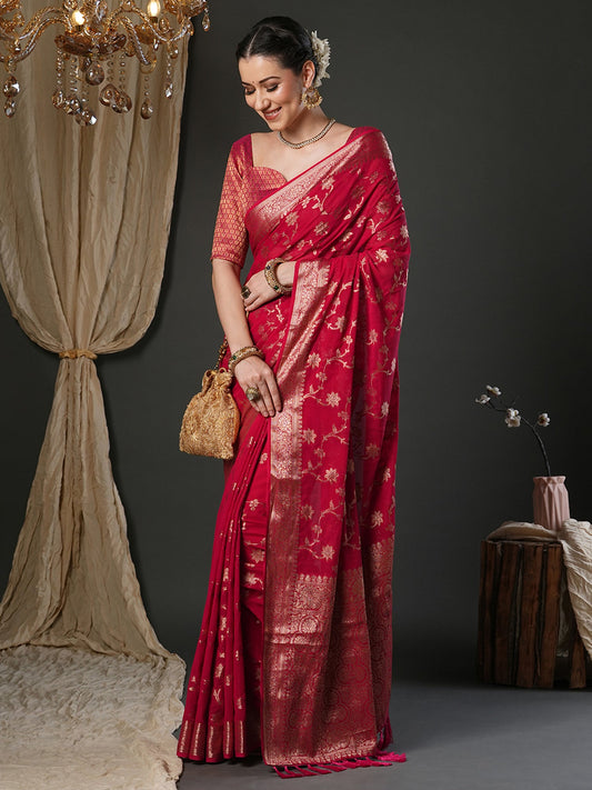 Woven Design Zari Red Georgette Banarasi Saree - Ressa