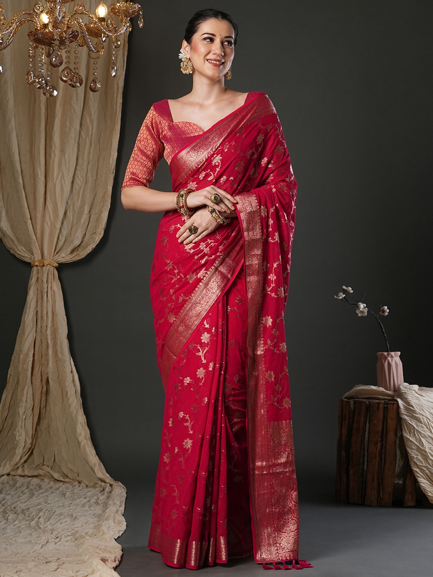 Woven Design Zari Red Georgette Banarasi Saree - Ressa