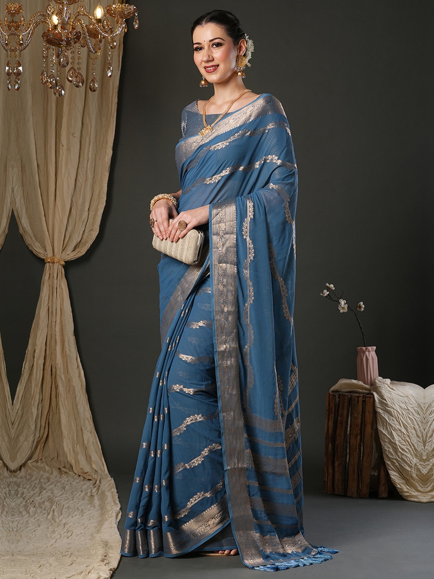Woven Design Zari Teal Blue Georgette Banarasi Saree - Ressa