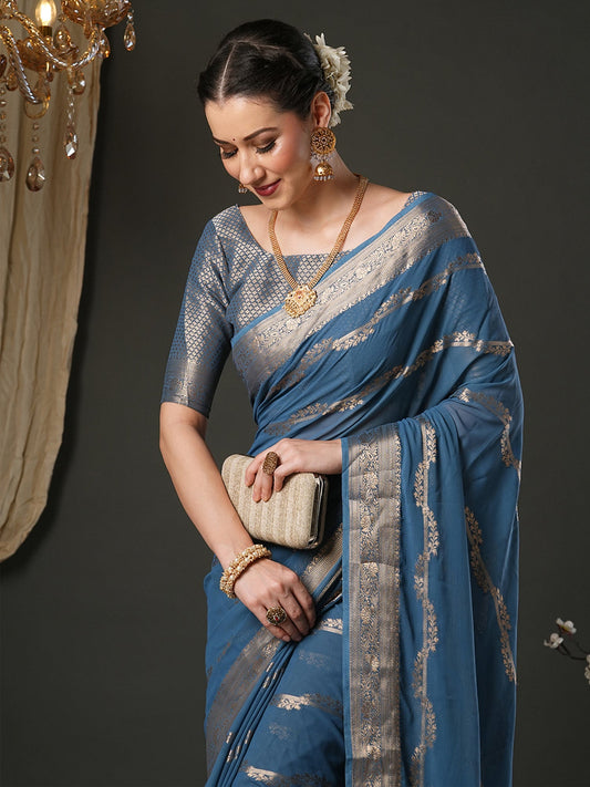 Woven Design Zari Teal Blue Georgette Banarasi Saree - Ressa