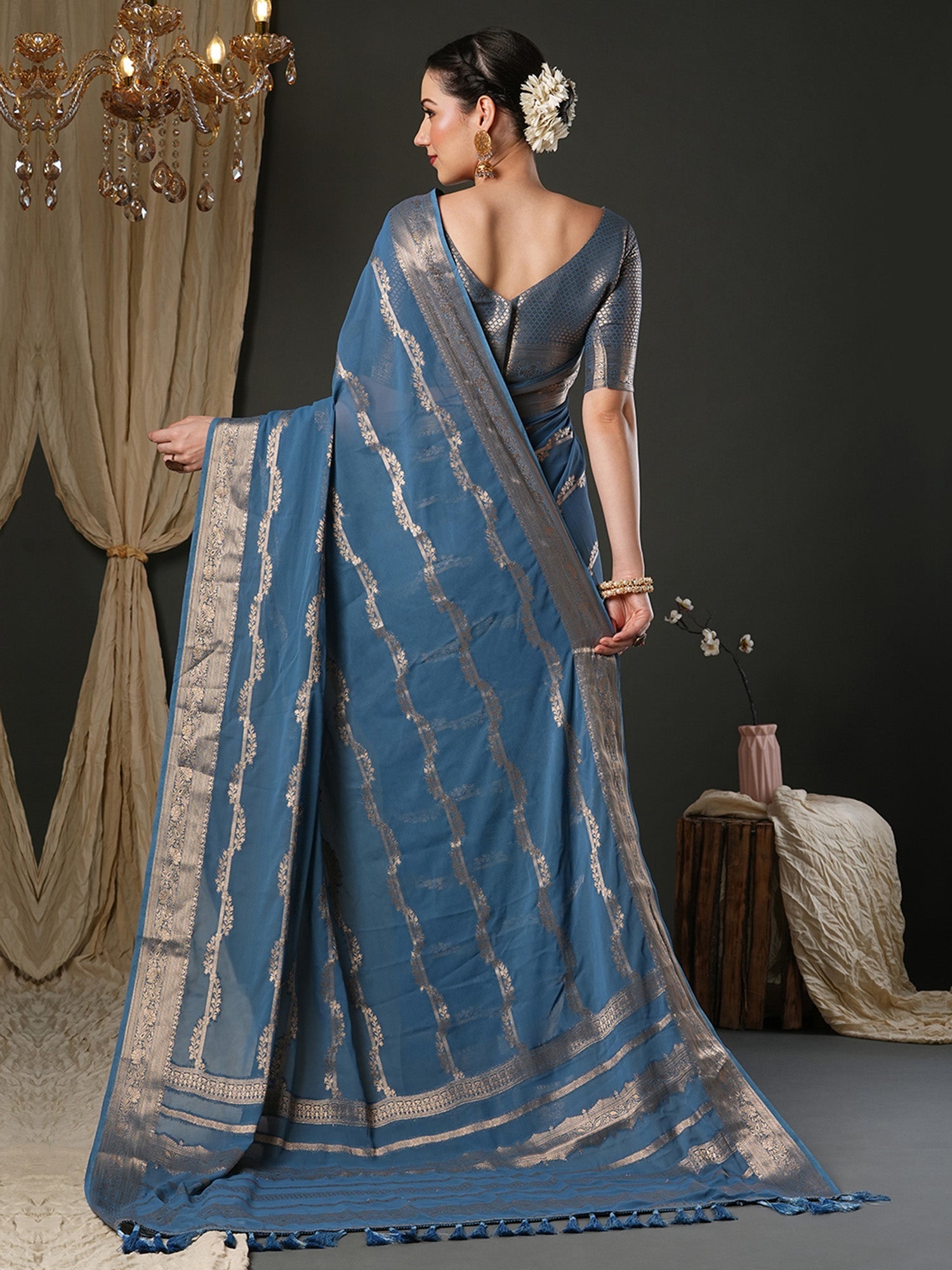 Woven Design Zari Teal Blue Georgette Banarasi Saree - Ressa