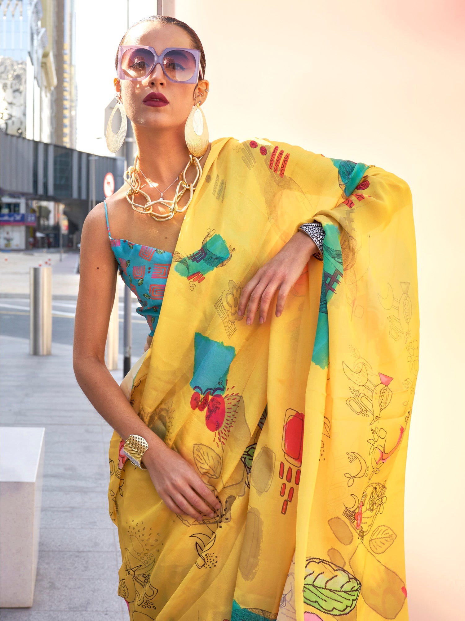Yellow Abstract Digital Print Satin Silk Saree - Ressa