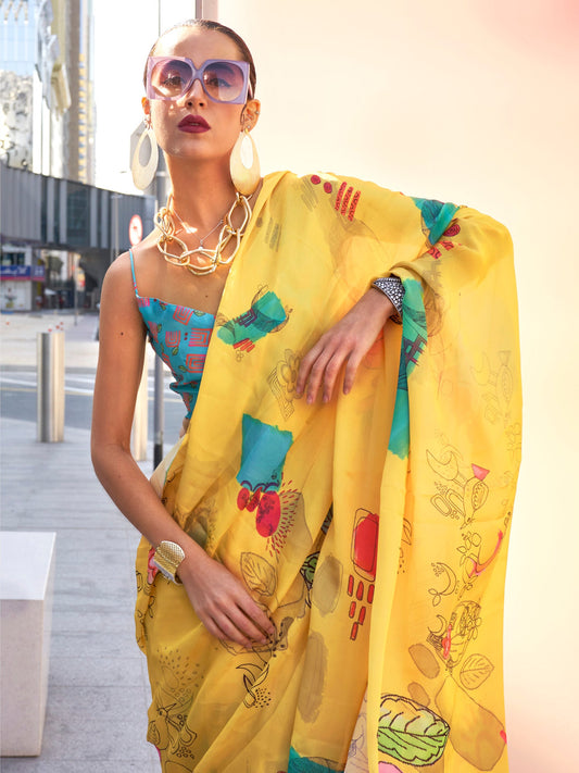 Yellow Abstract Digital Print Satin Silk Saree - Ressa