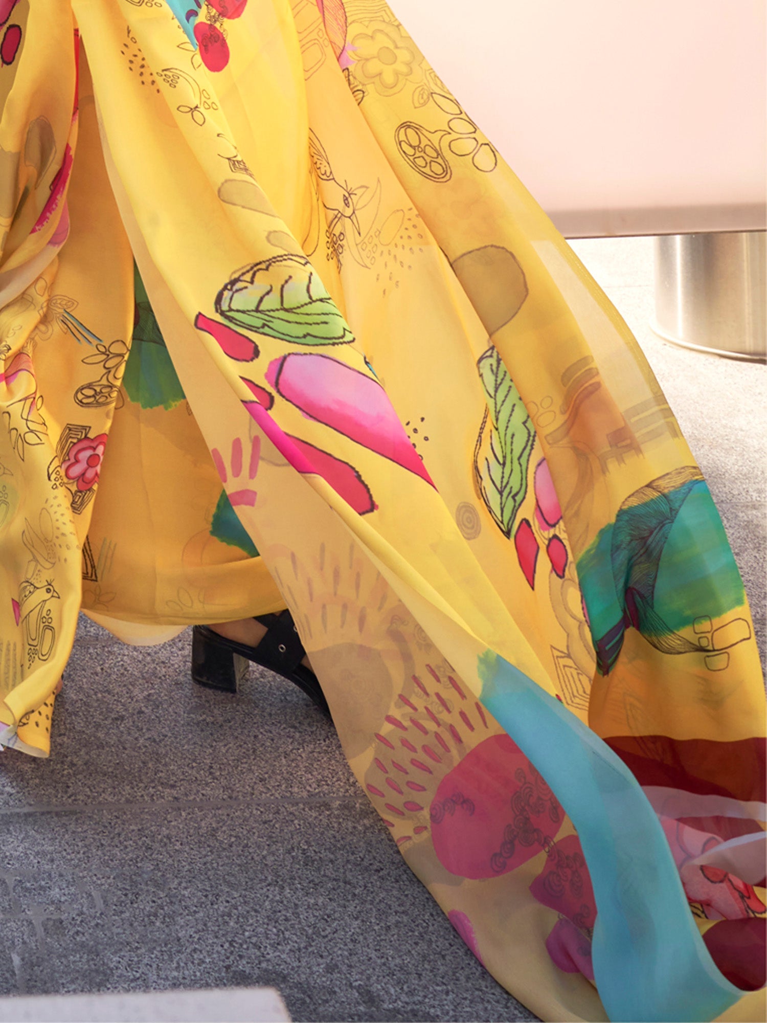 Yellow Abstract Digital Print Satin Silk Saree - Ressa