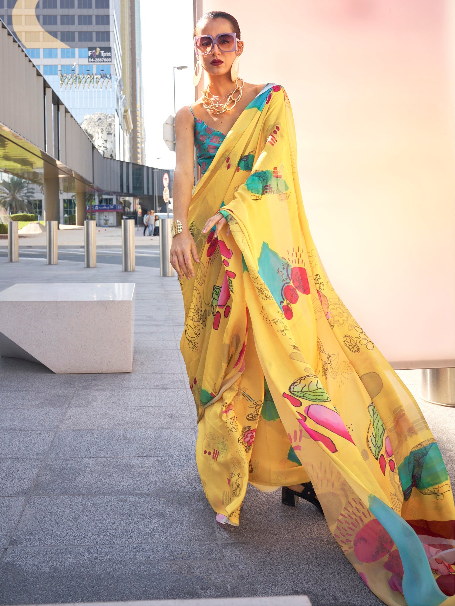 Yellow Abstract Digital Print Satin Silk Saree - Ressa