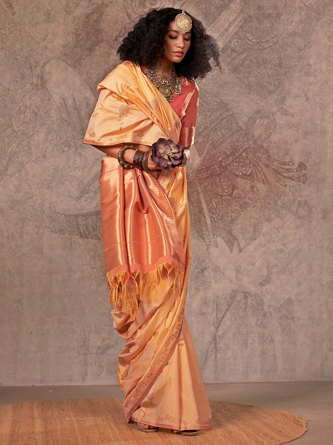 Yellow Banarasi Silk Copper Zari Floral Weaving Saree - Ressa