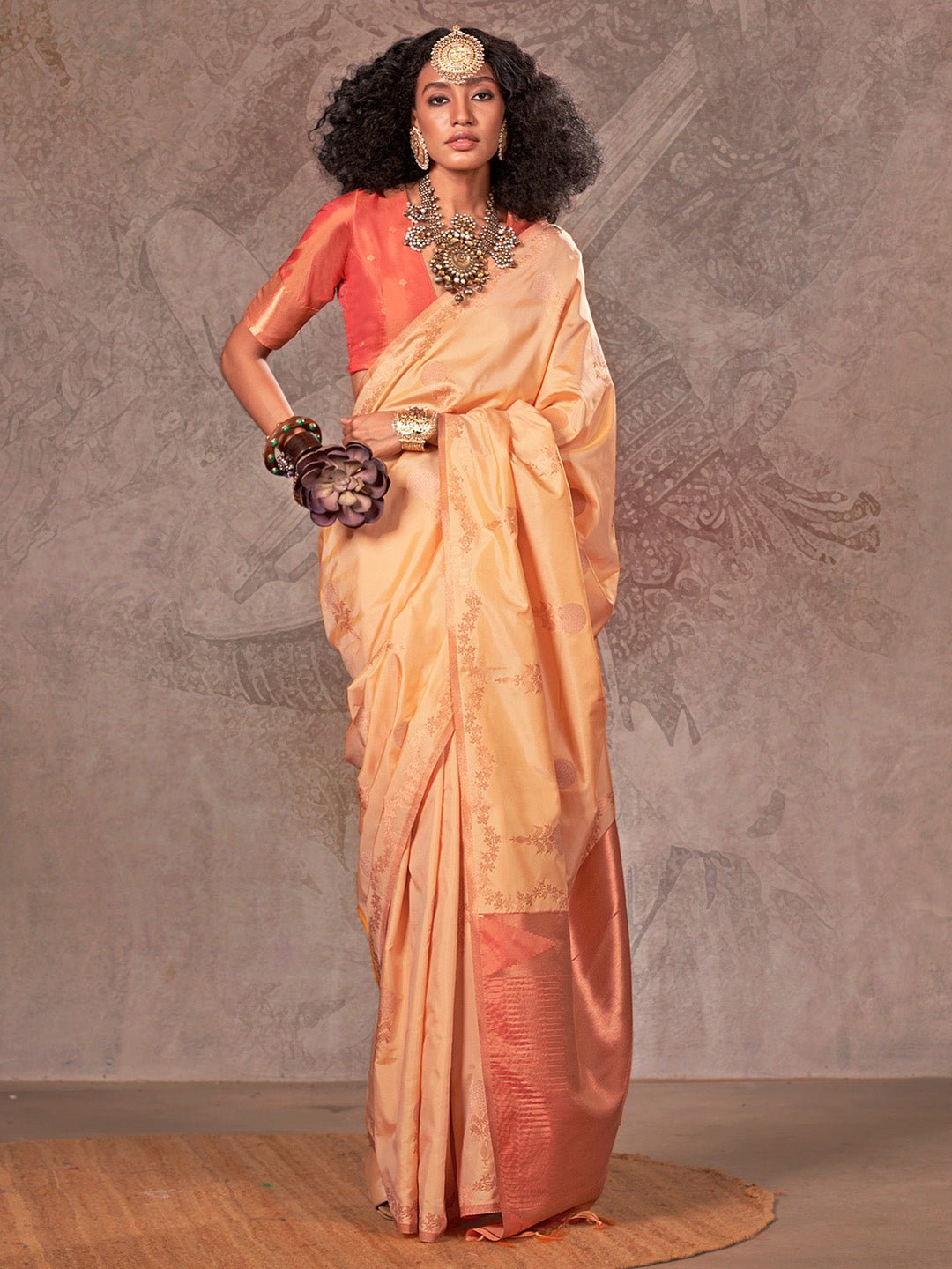Yellow Banarasi Silk Copper Zari Floral Weaving Saree - Ressa