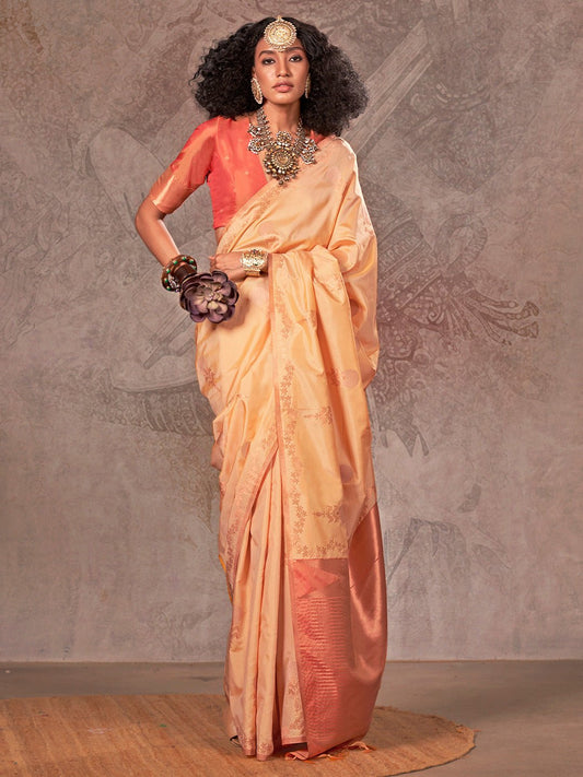 Yellow Banarasi Silk Copper Zari Floral Weaving Saree - Ressa