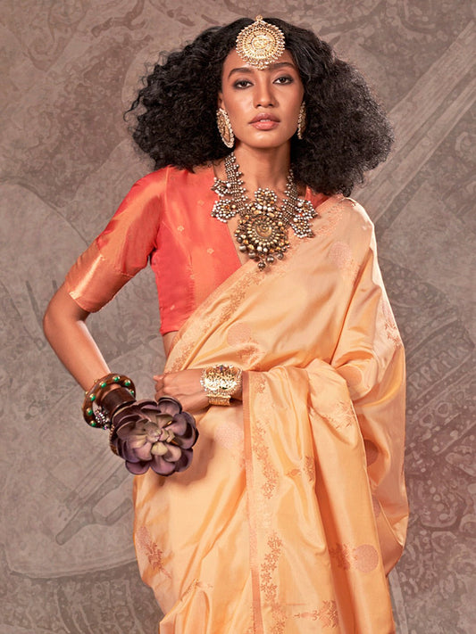 Yellow Banarasi Silk Copper Zari Floral Weaving Saree - Ressa