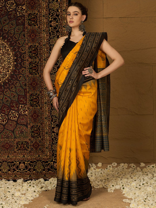 Yellow & Black Ikat Bagalpuri Silk Saree - Ressa