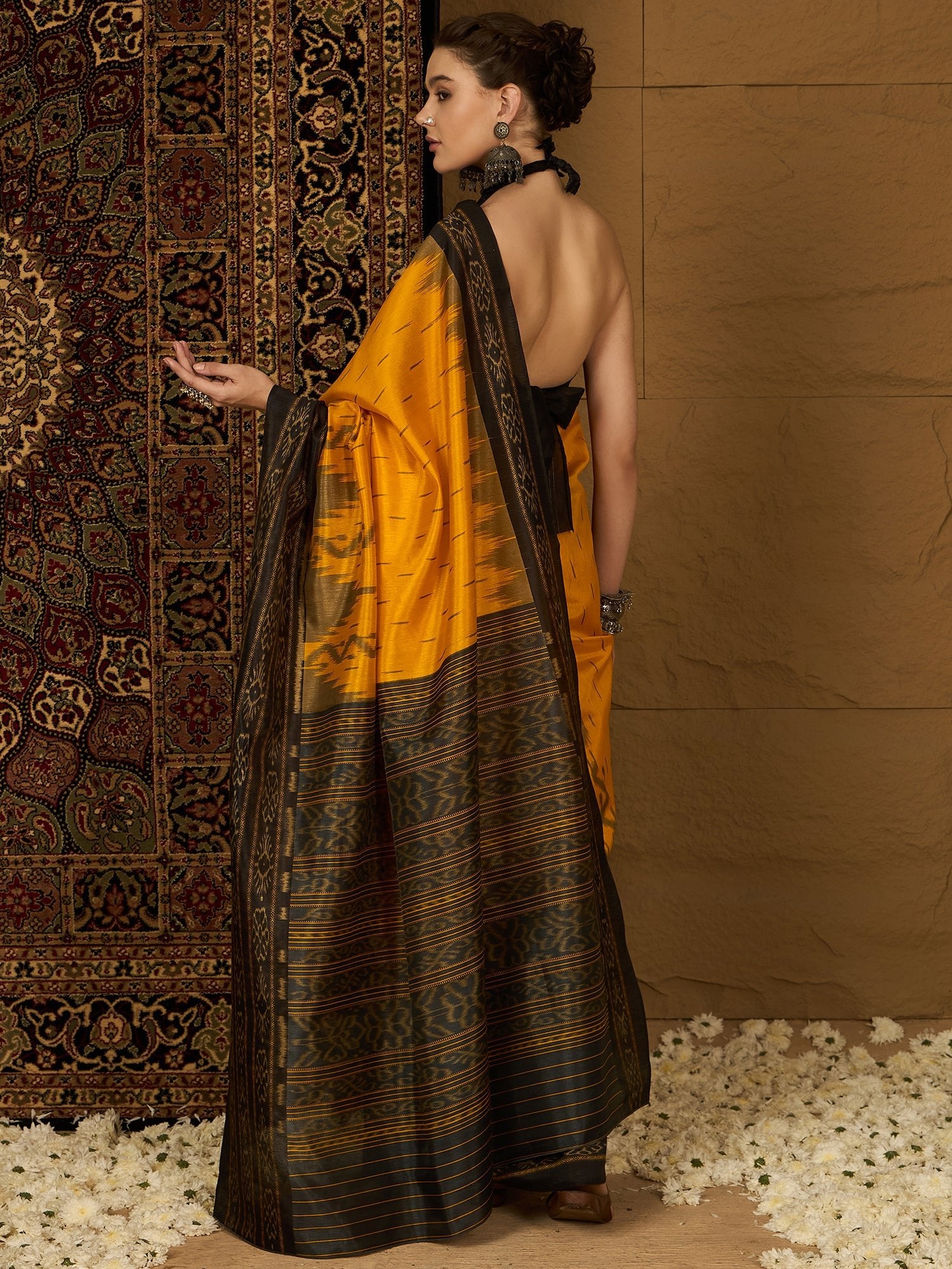 Yellow & Black Ikat Bagalpuri Silk Saree - Ressa