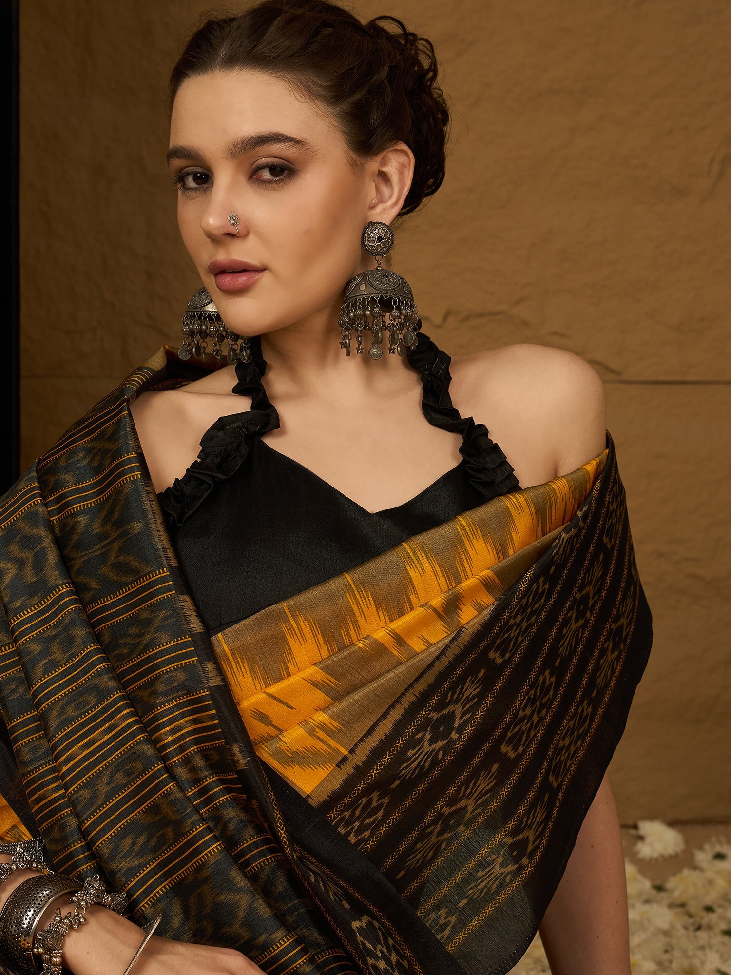 Yellow & Black Ikat Bagalpuri Silk Saree - Ressa