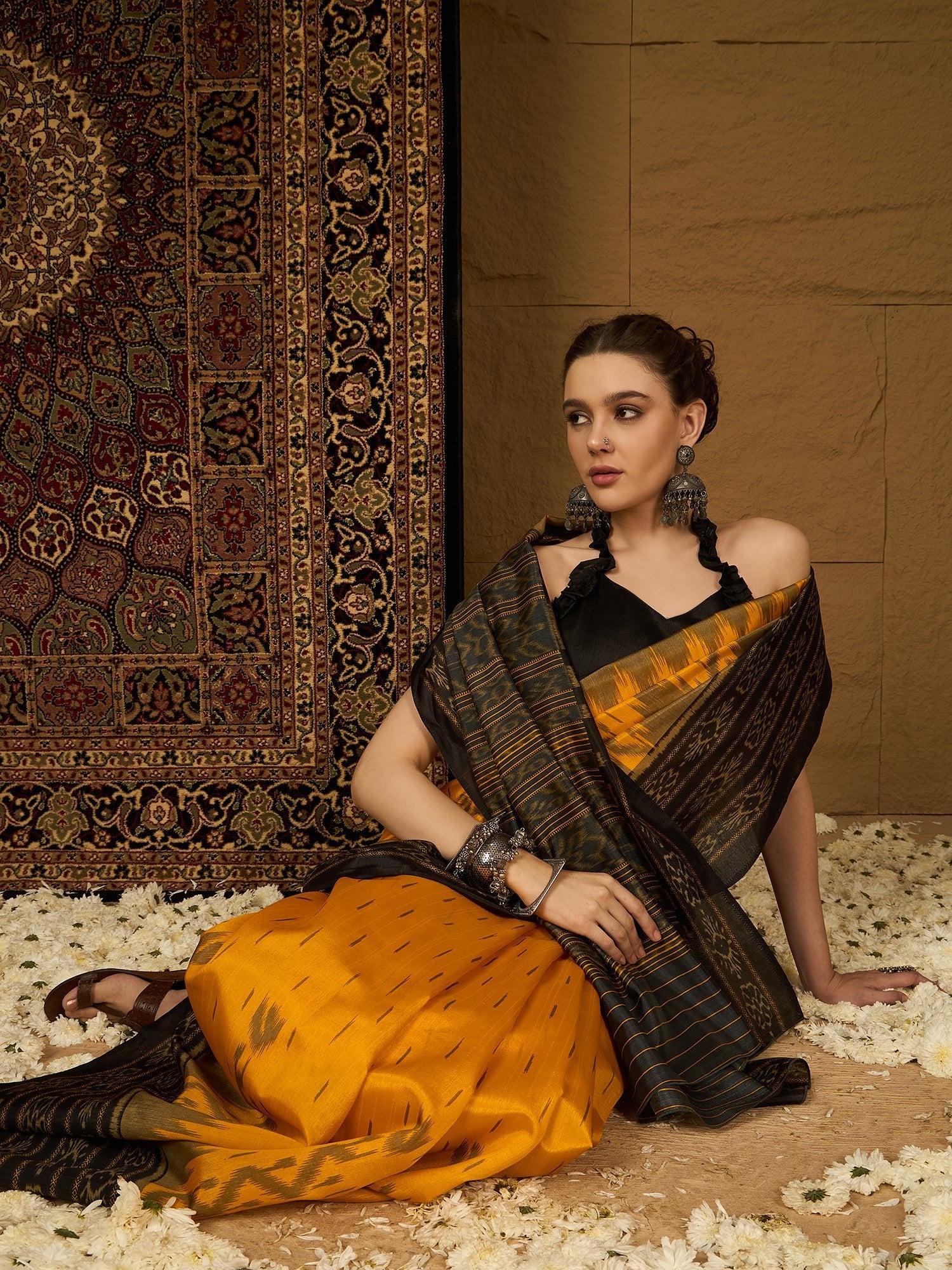 Yellow & Black Ikat Bagalpuri Silk Saree - Ressa