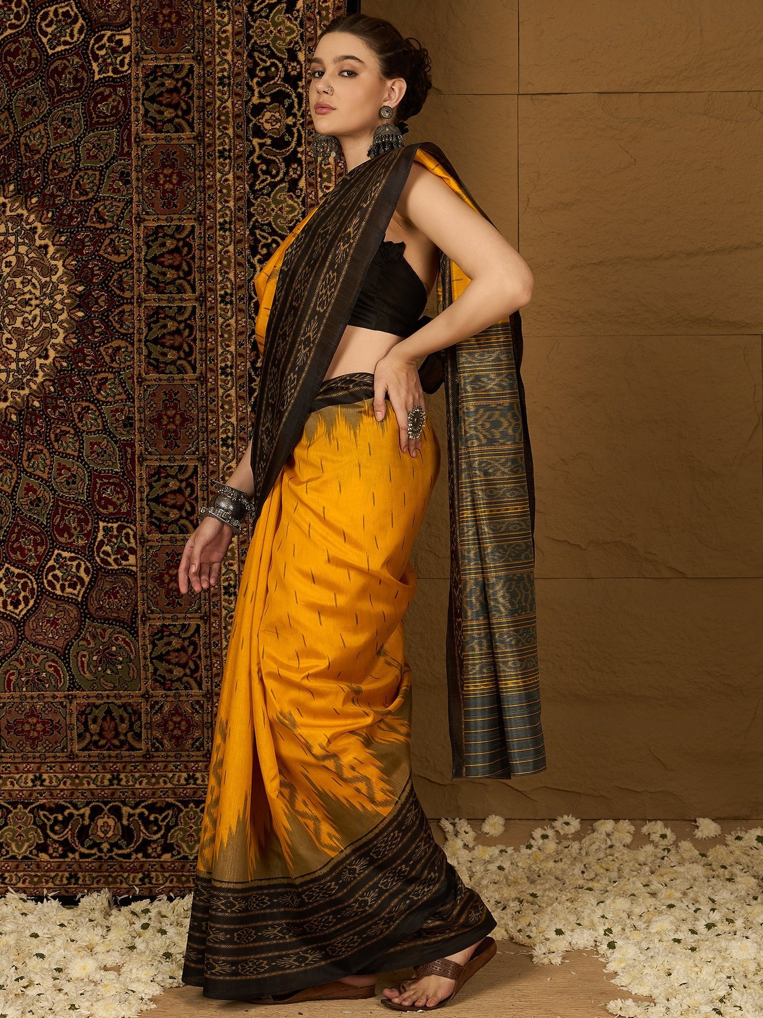Yellow & Black Ikat Bagalpuri Silk Saree - Ressa