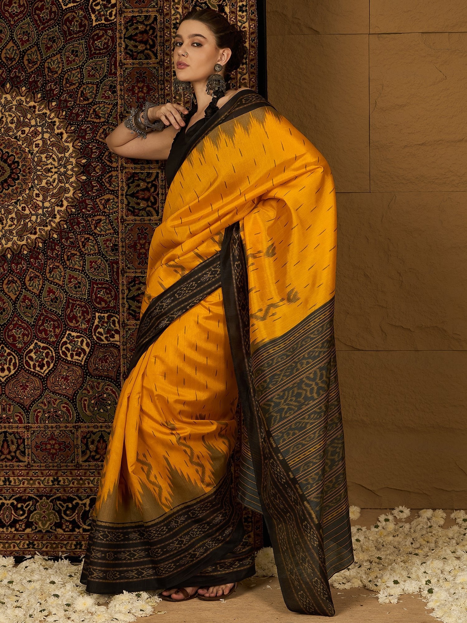 Yellow & Black Ikat Bagalpuri Silk Saree - Ressa