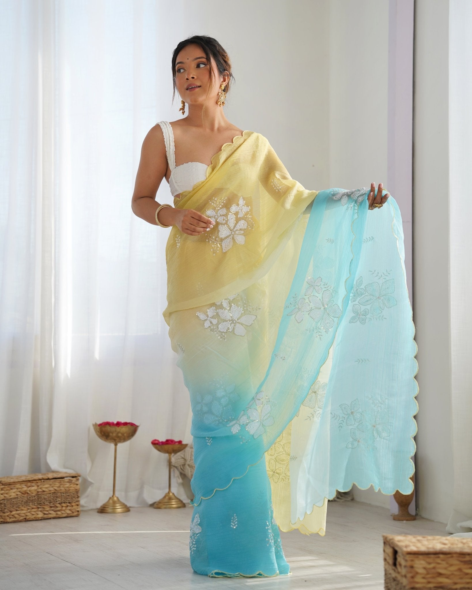 Yellow Blue Ombre Satin Chiffon Saree - Ressa