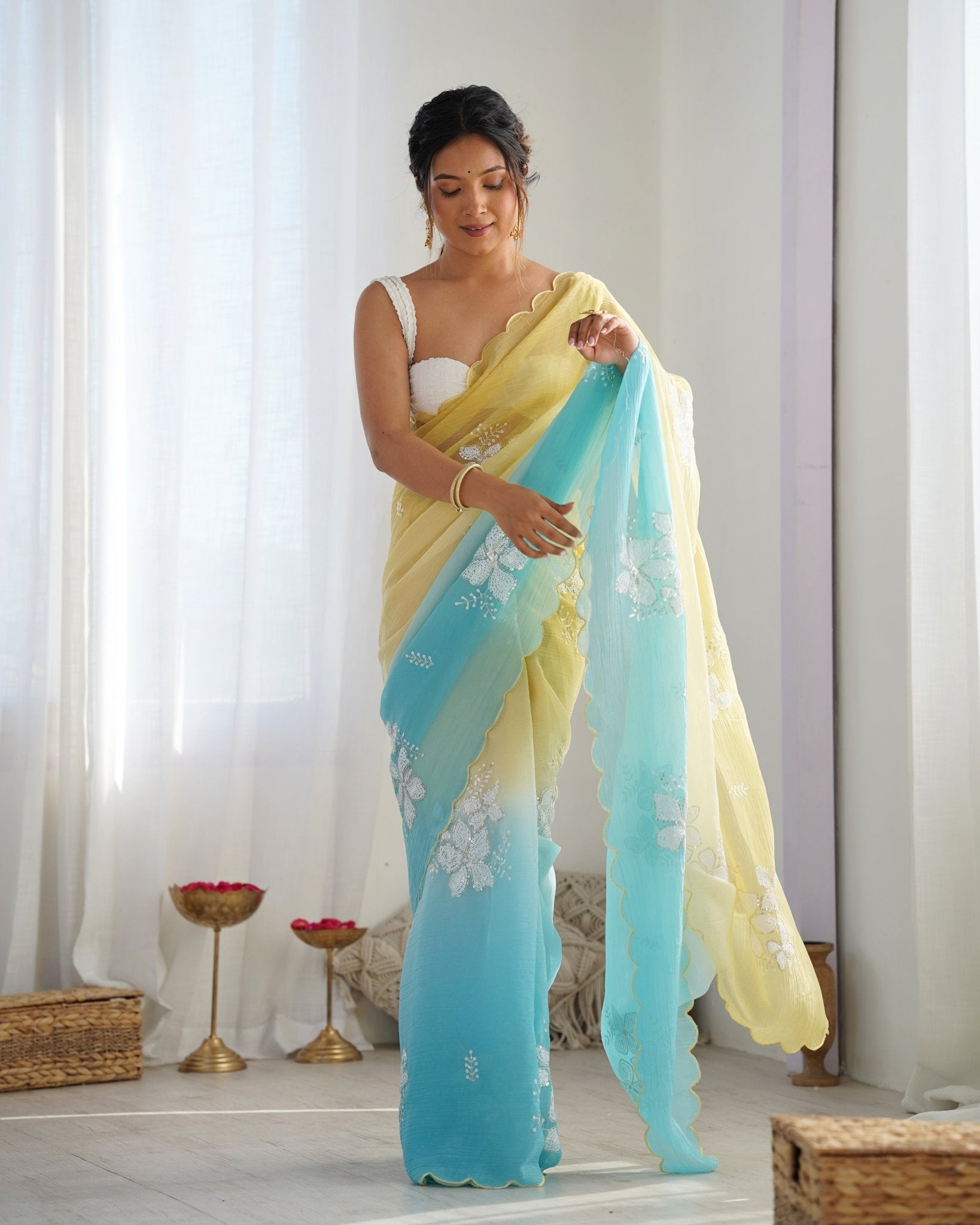 Yellow Blue Ombre Satin Chiffon Saree - Ressa