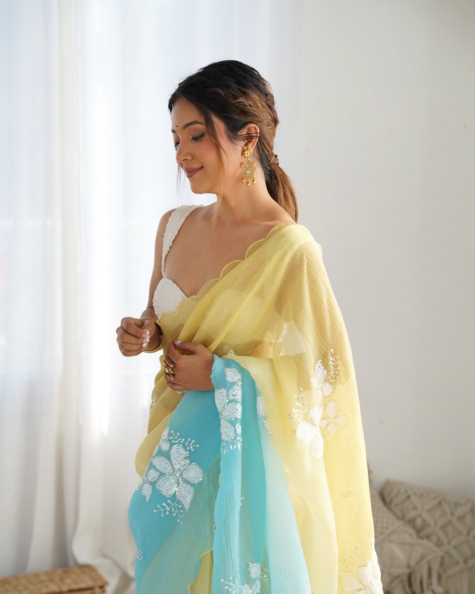 Yellow Blue Ombre Satin Chiffon Saree - Ressa