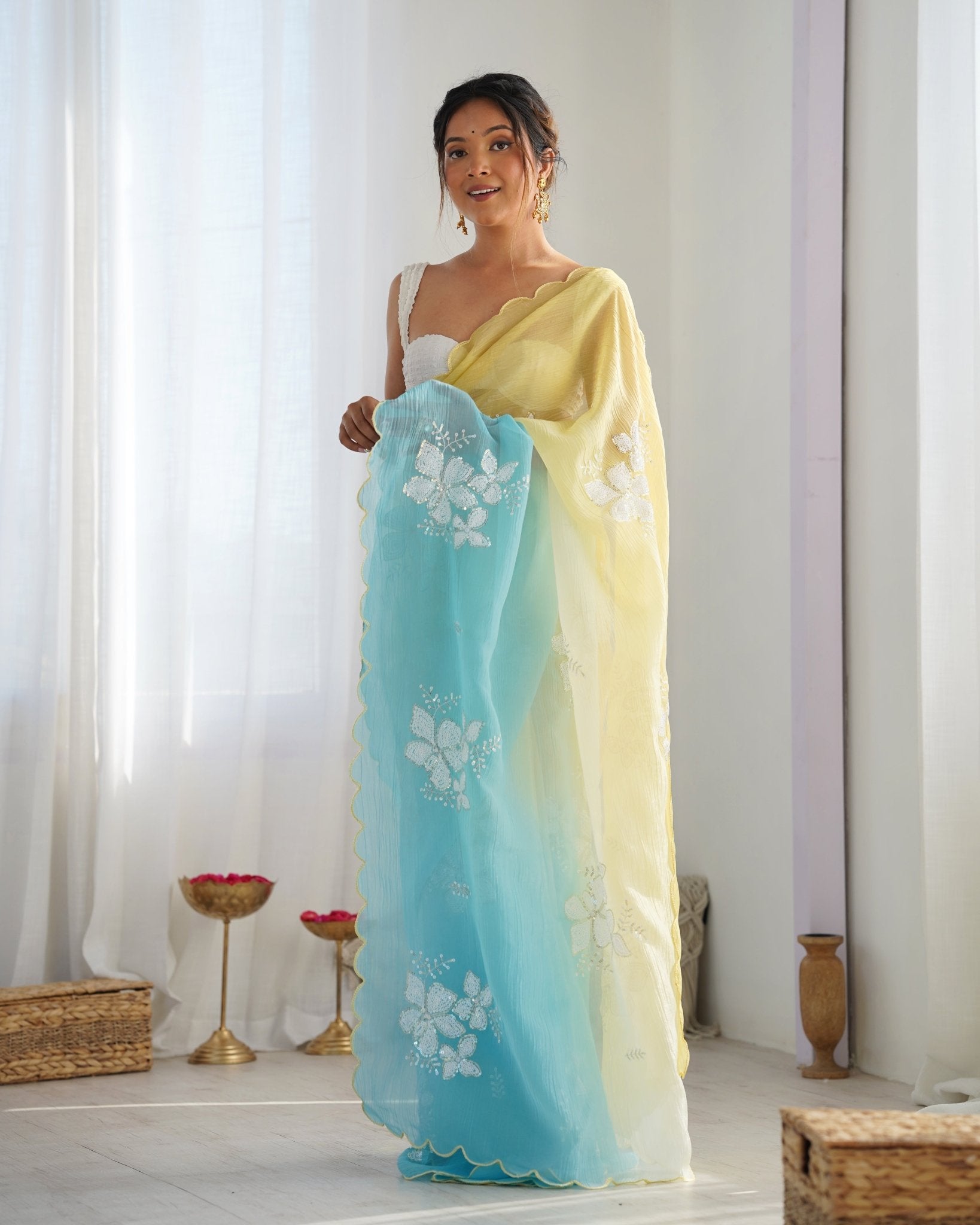 Yellow Blue Ombre Satin Chiffon Saree - Ressa