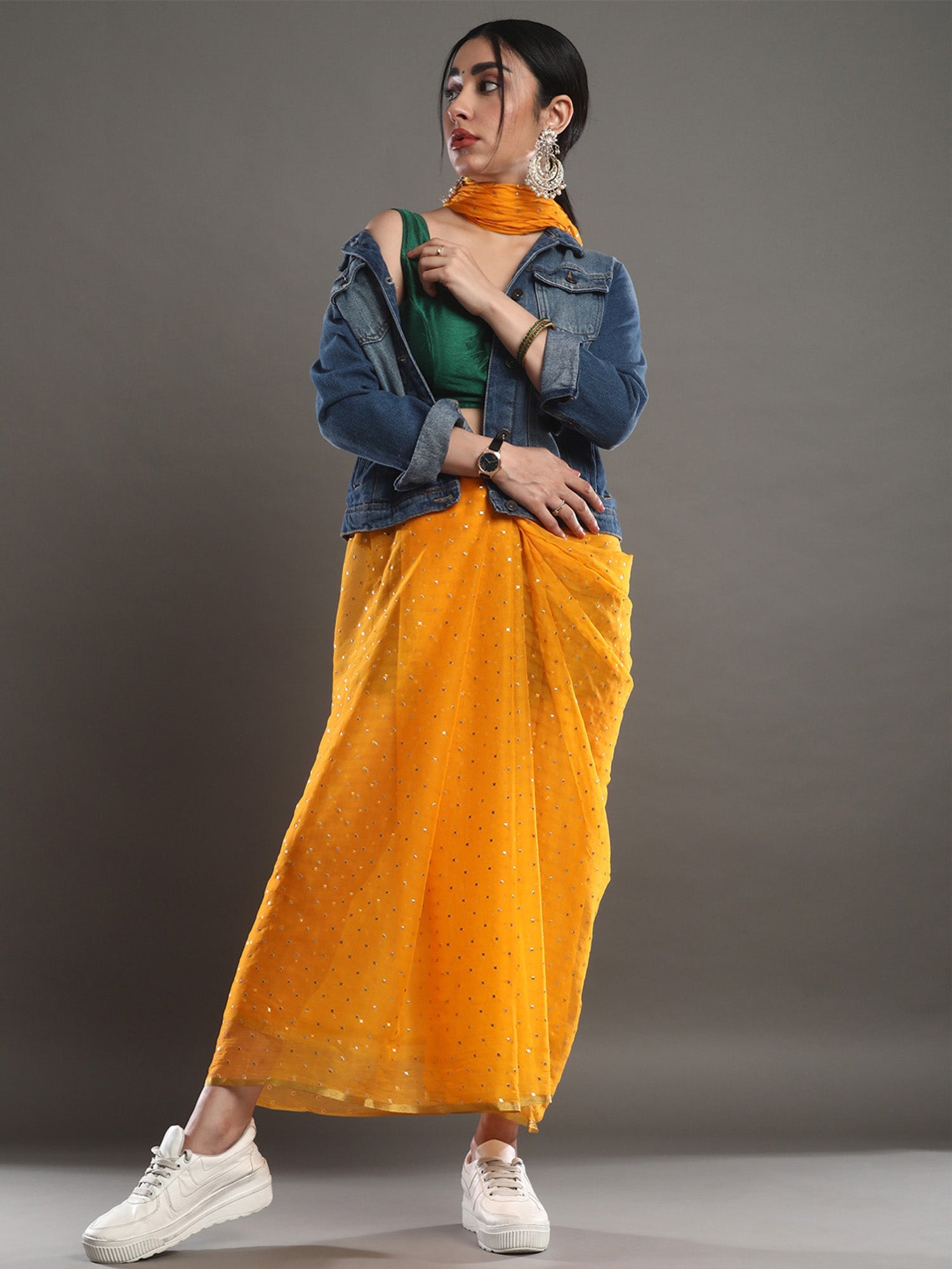 Yellow Chiffon Mukaish Printed Saree - Ressa