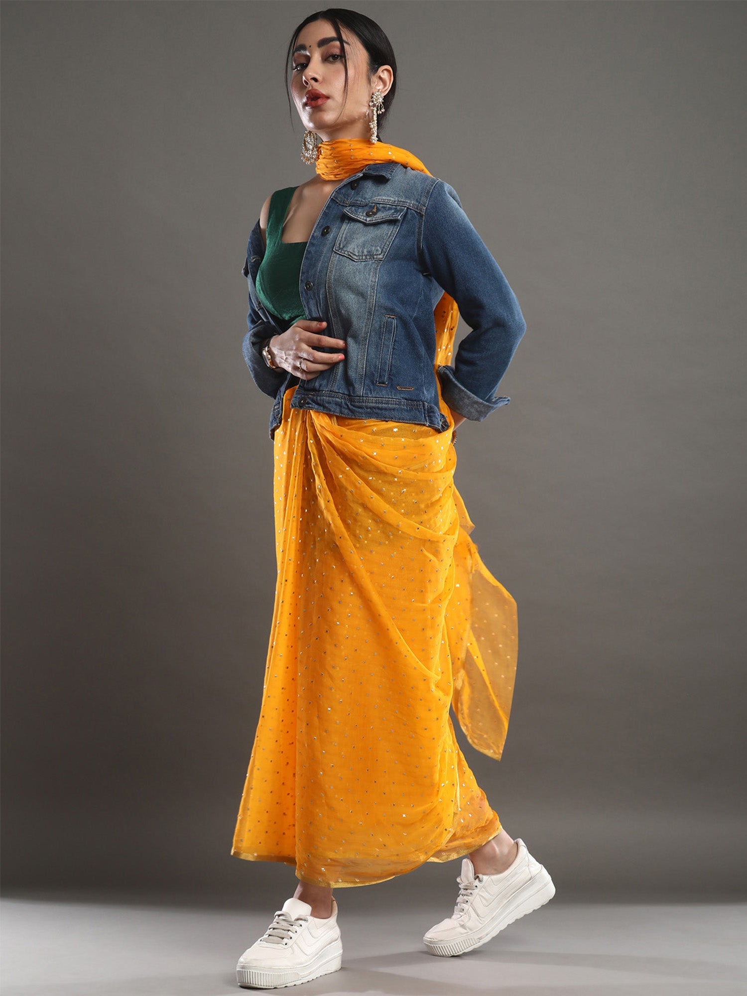 Yellow Chiffon Mukaish Printed Saree - Ressa