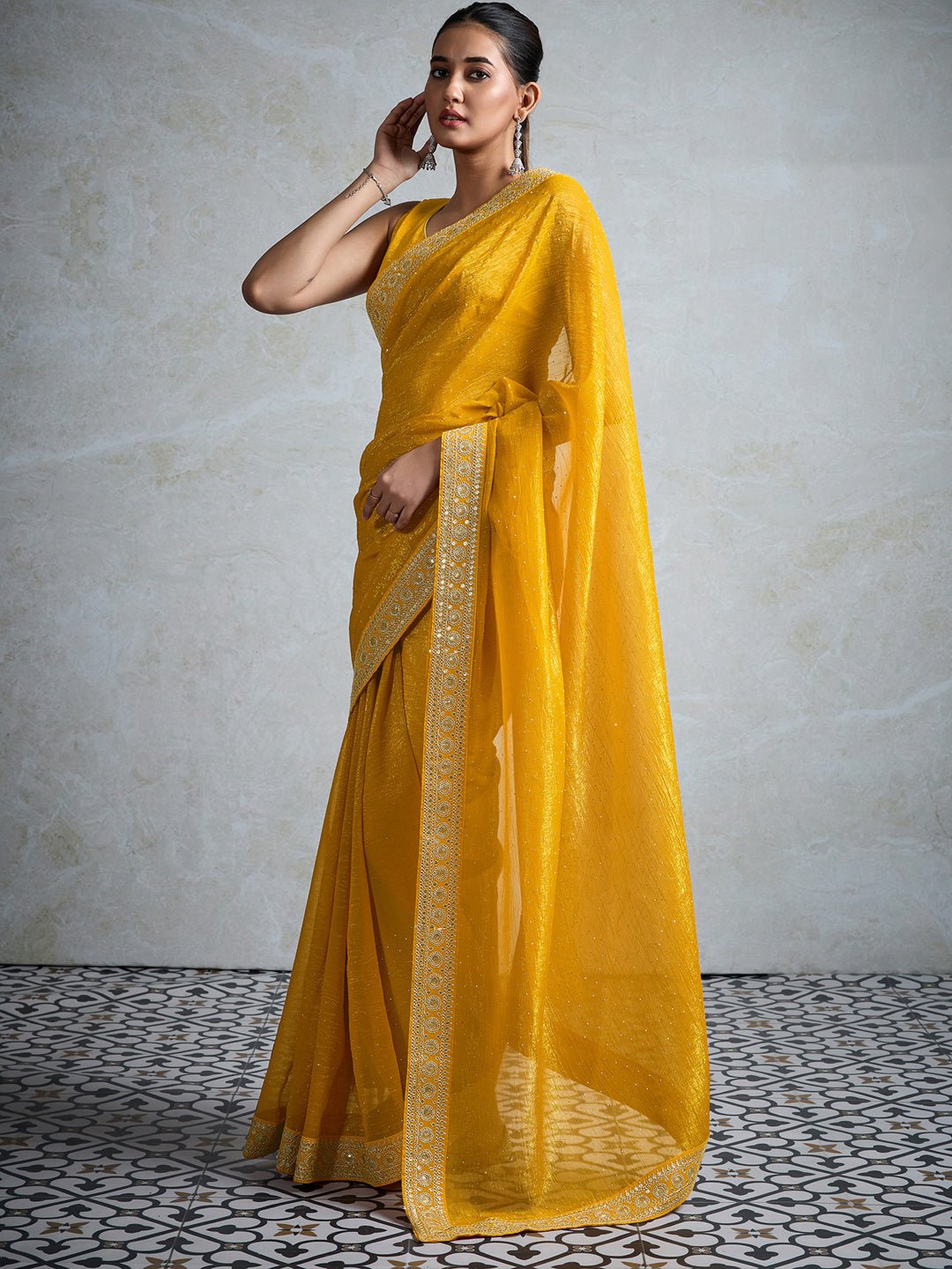 Yellow Chiffon Saree with Gold Mukaish Sequin Work - Ressa