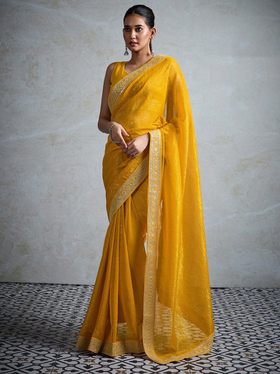 Yellow Chiffon Saree with Gold Mukaish Sequin Work - Ressa