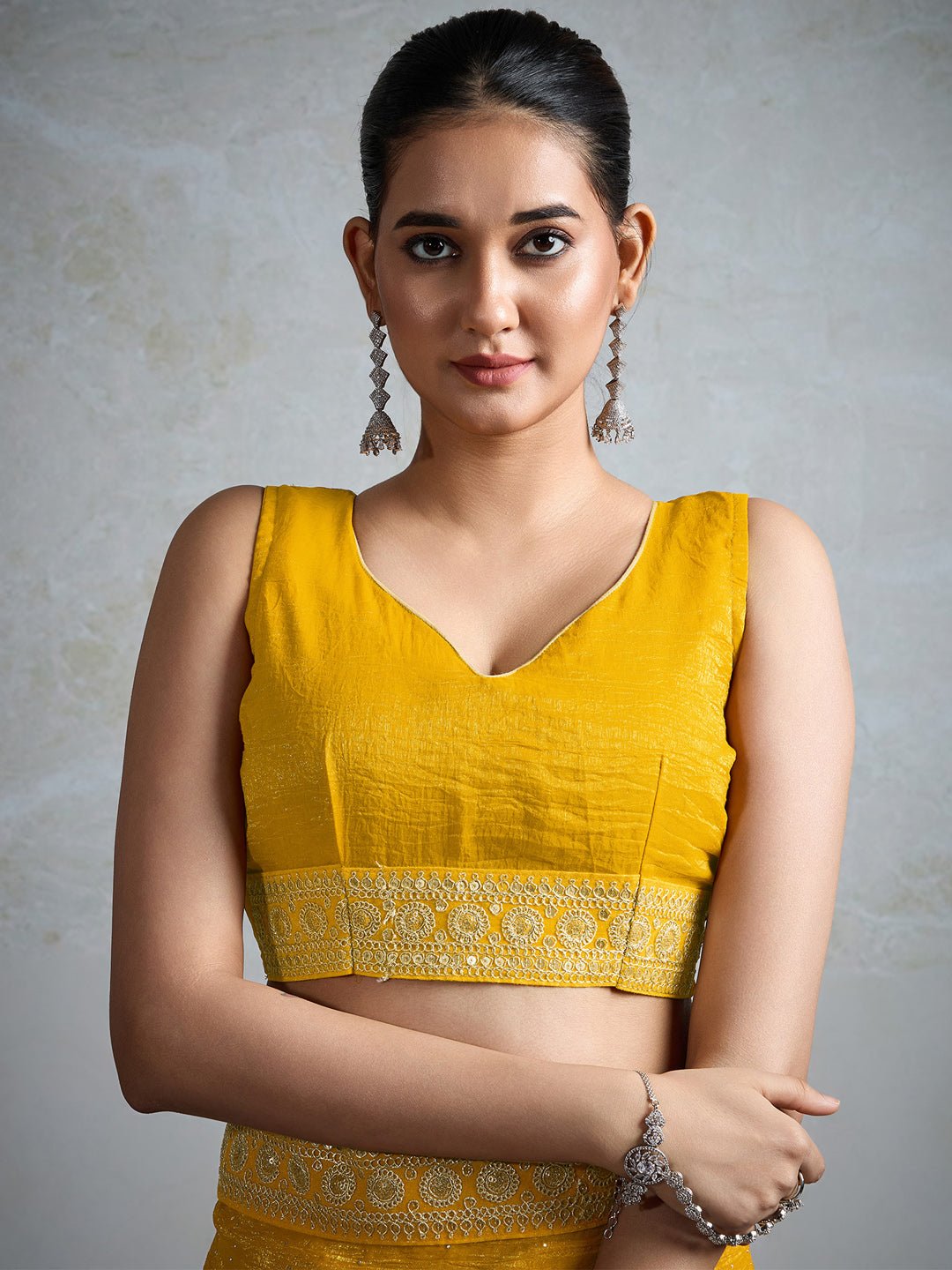 Yellow Chiffon Saree with Gold Mukaish Sequin Work - Ressa