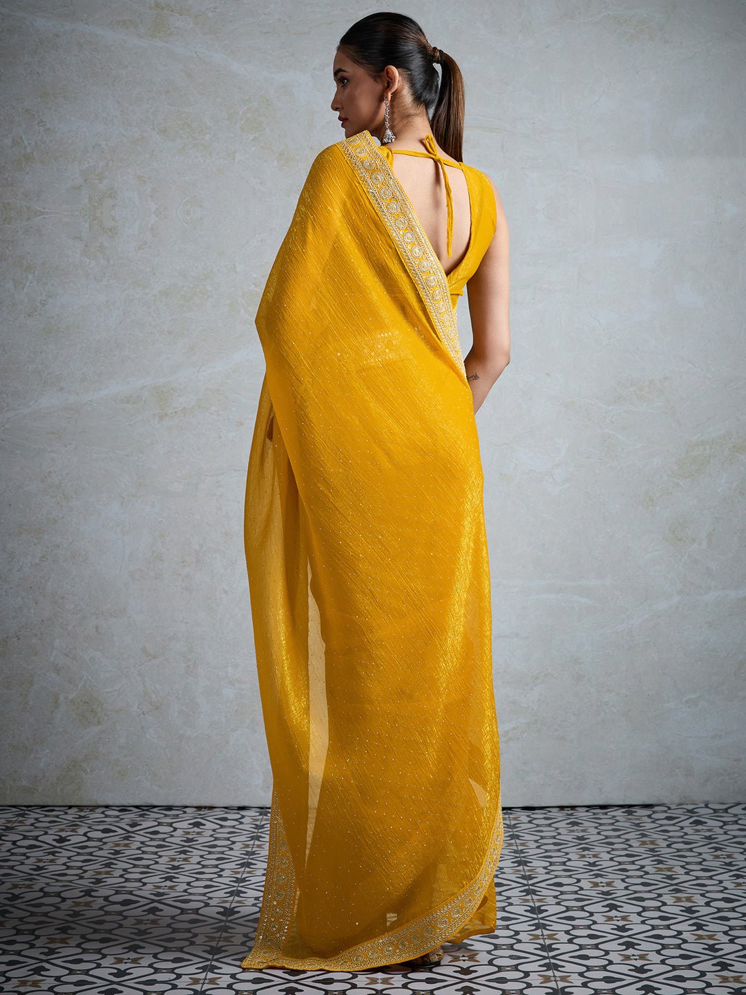 Yellow Chiffon Saree with Gold Mukaish Sequin Work - Ressa