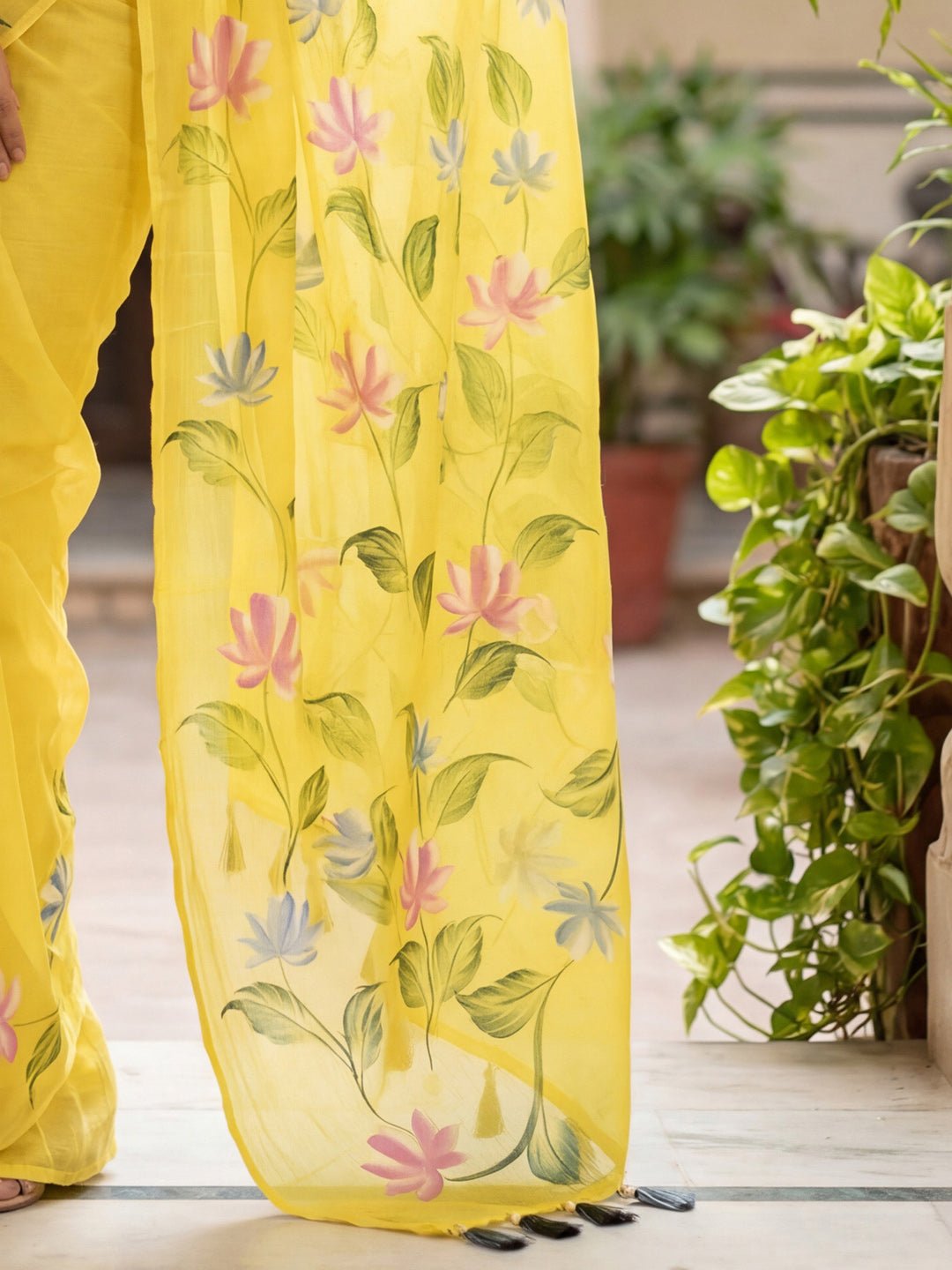 Yellow Chinnon Hand Painted Saree - Ressa