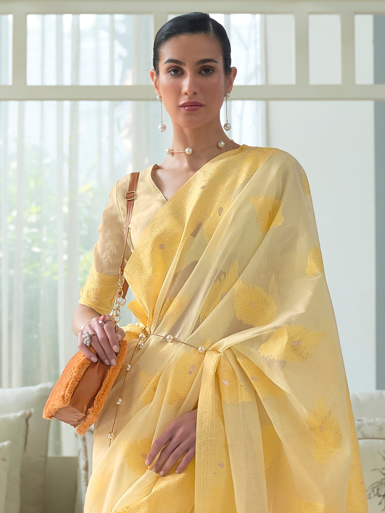 Yellow cotton Blend Zari Woven Saree - Ressa