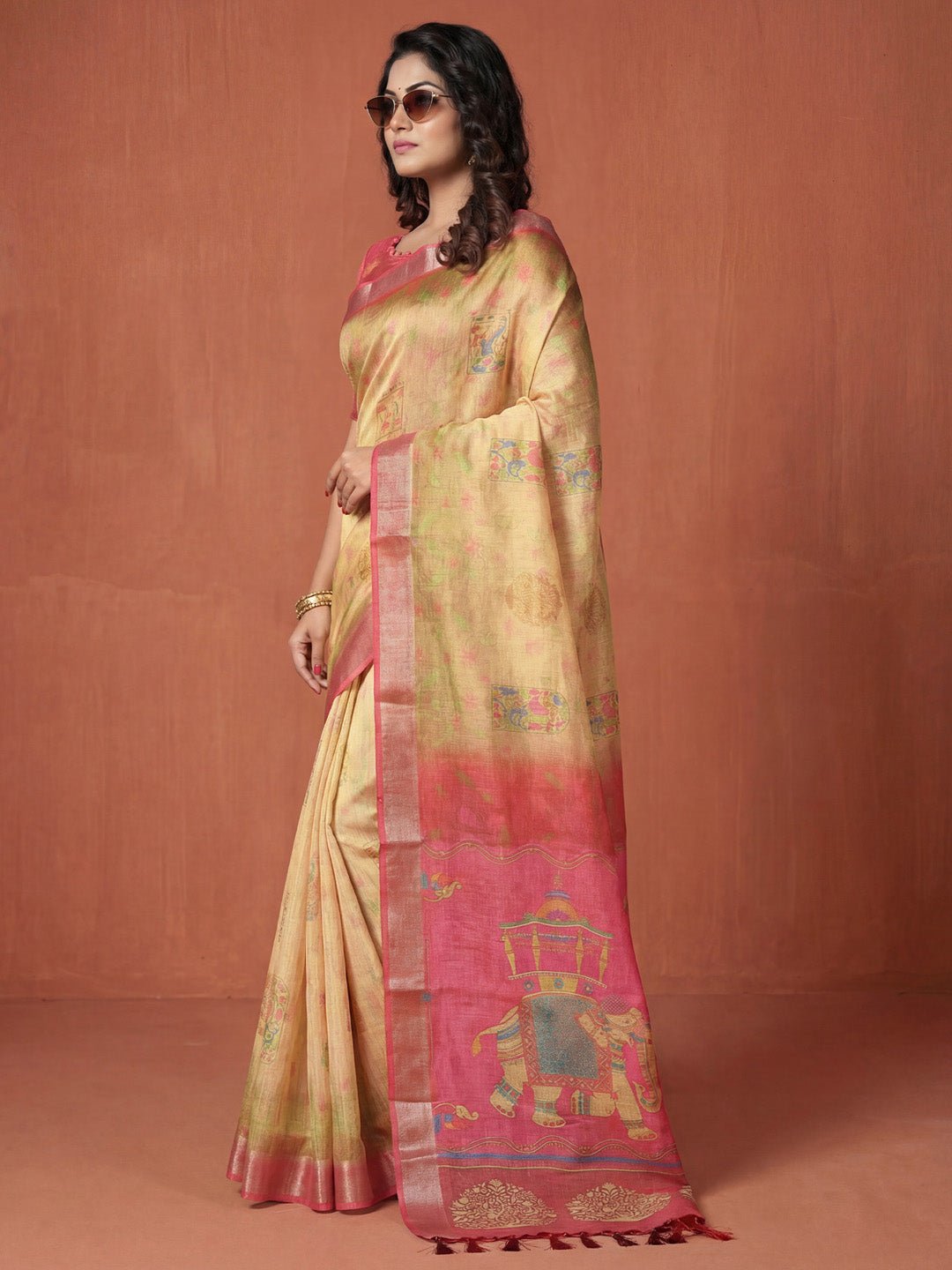 Yellow Cotton Silk Madhubani Printed Saree - Ressa
