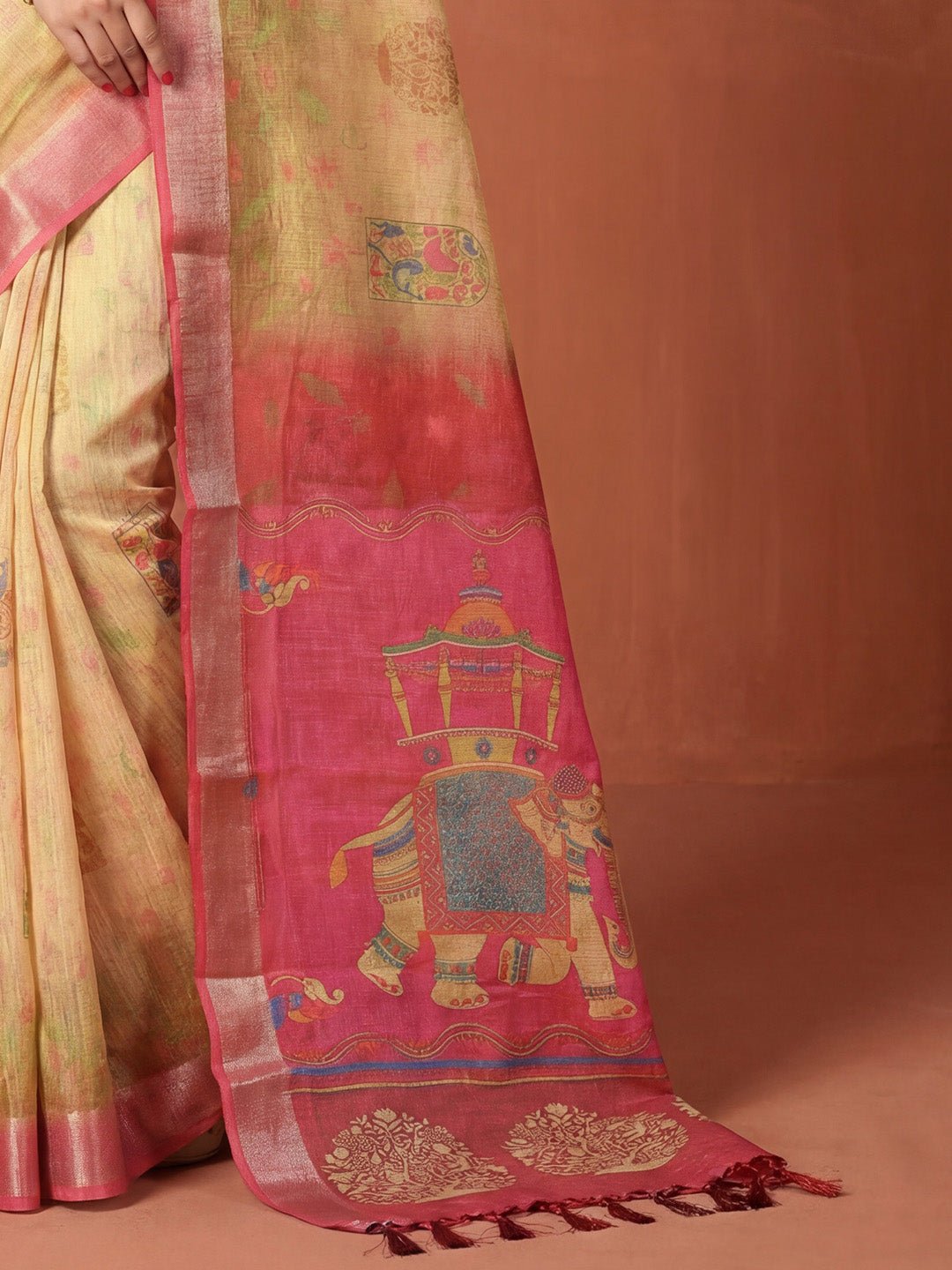 Yellow Cotton Silk Madhubani Printed Saree - Ressa