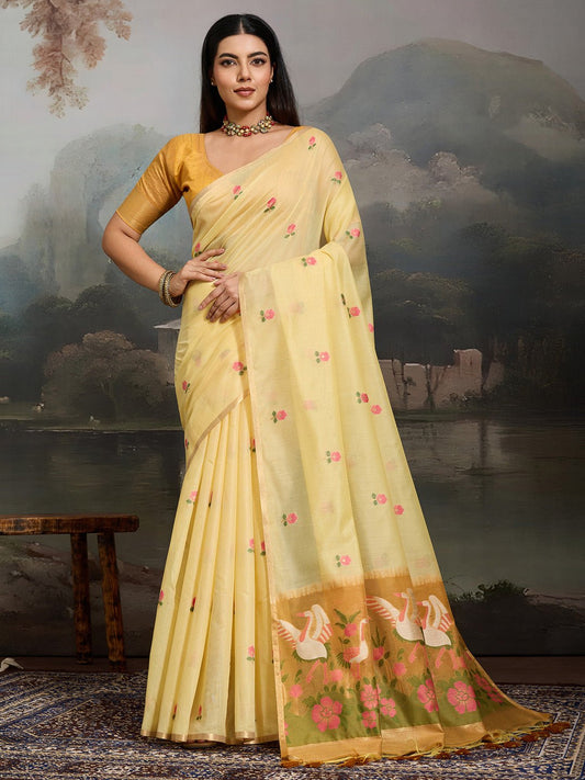Yellow Cotton Woven Printed Saree - Ressa