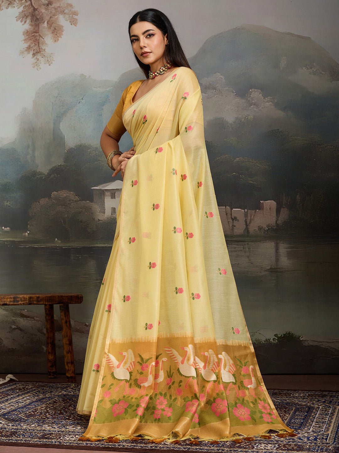 Yellow Cotton Woven Printed Saree - Ressa