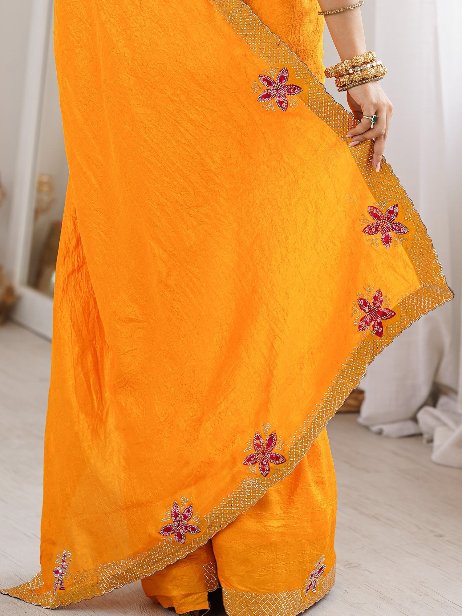 Yellow Dola Silk Saree with Embroidered Floral Border - Ressa