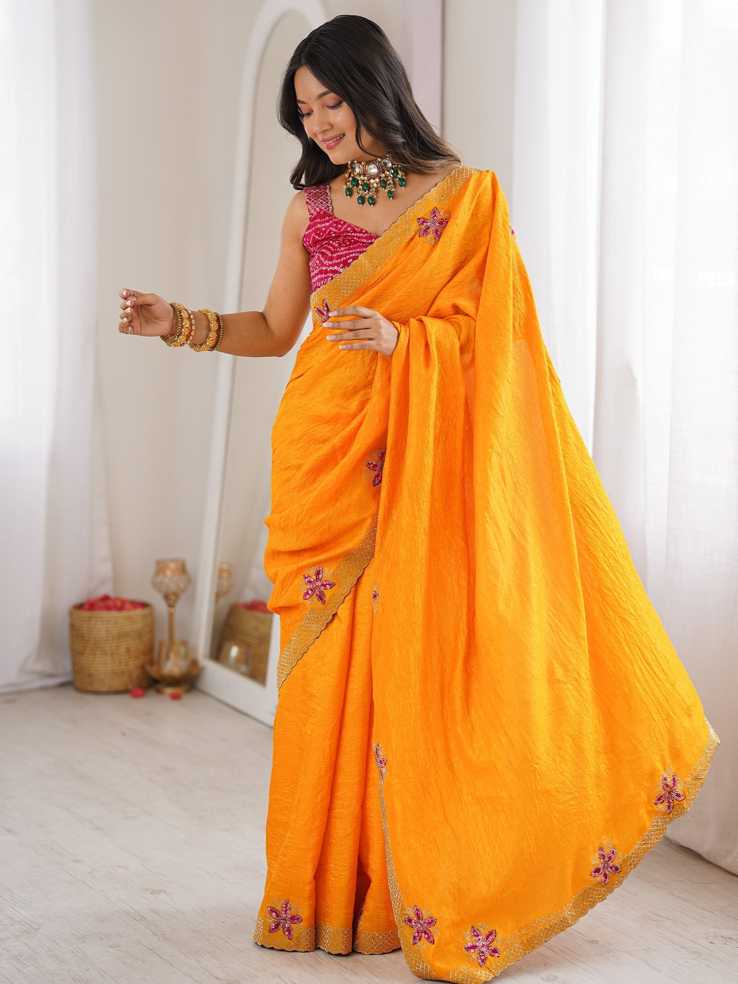 Yellow Dola Silk Saree with Embroidered Floral Border - Ressa