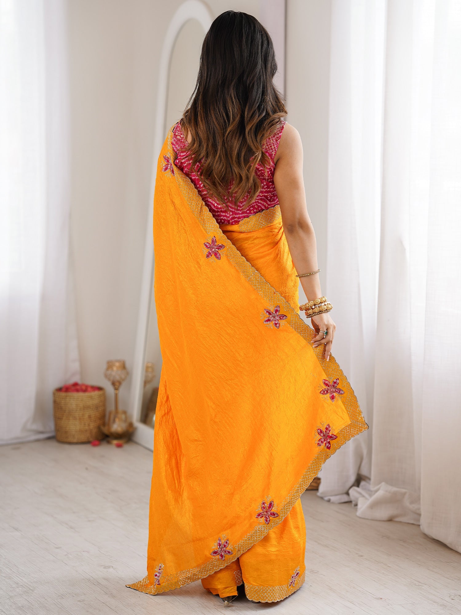 Yellow Dola Silk Saree with Embroidered Floral Border - Ressa