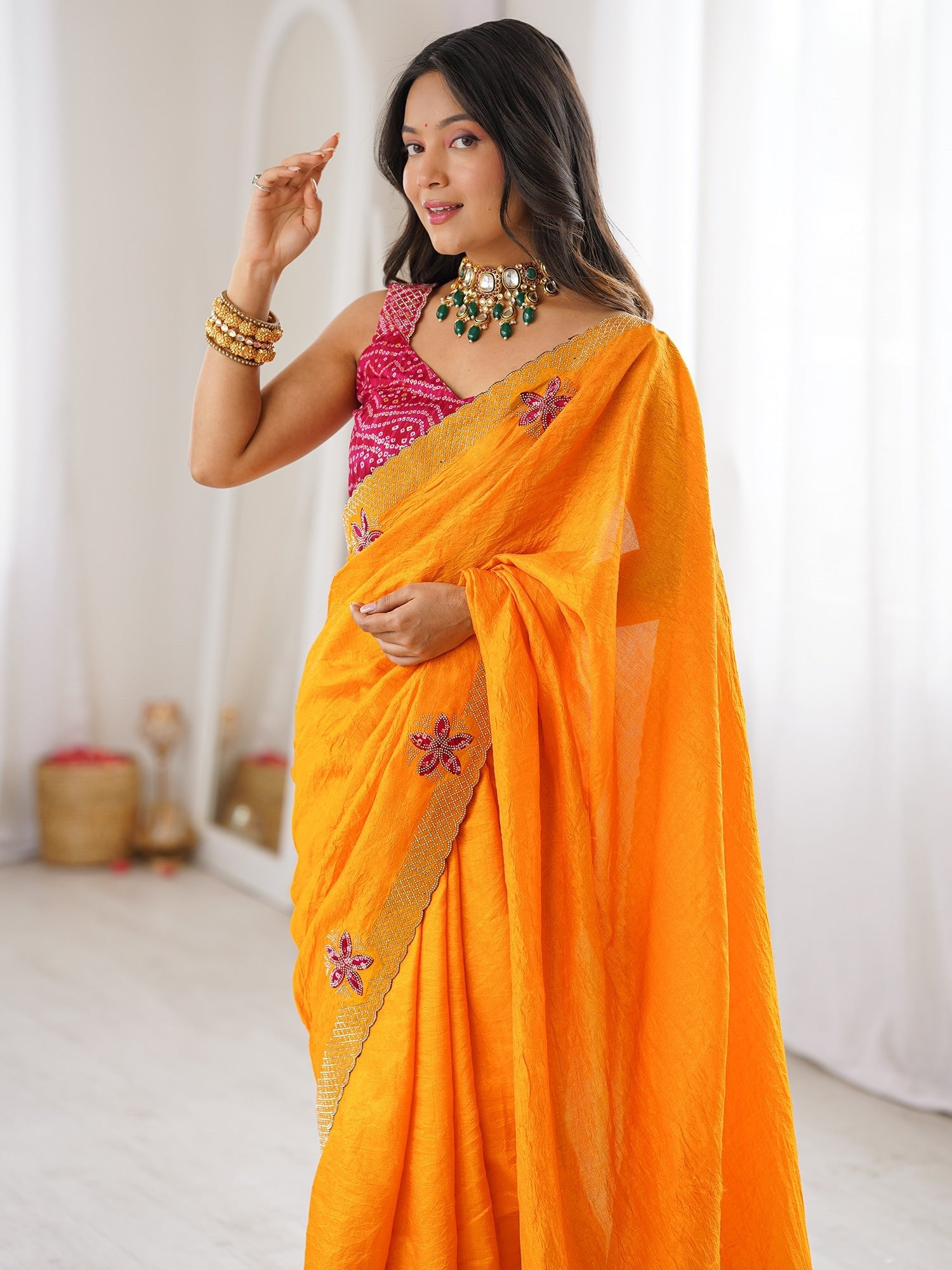 Yellow Dola Silk Saree with Embroidered Floral Border - Ressa