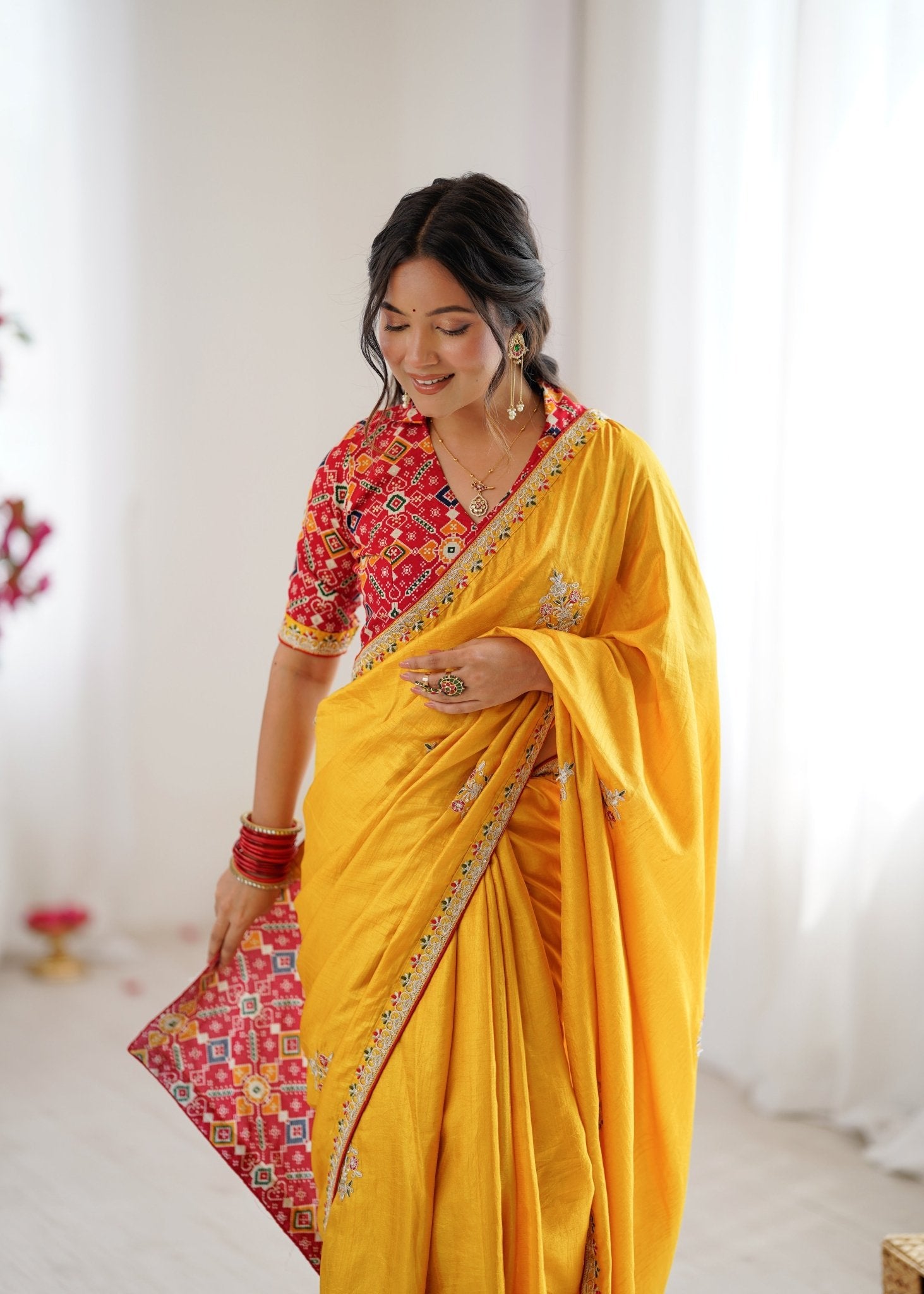 Yellow Embroidered Satin Saree with Patola Print Blouse - Ressa