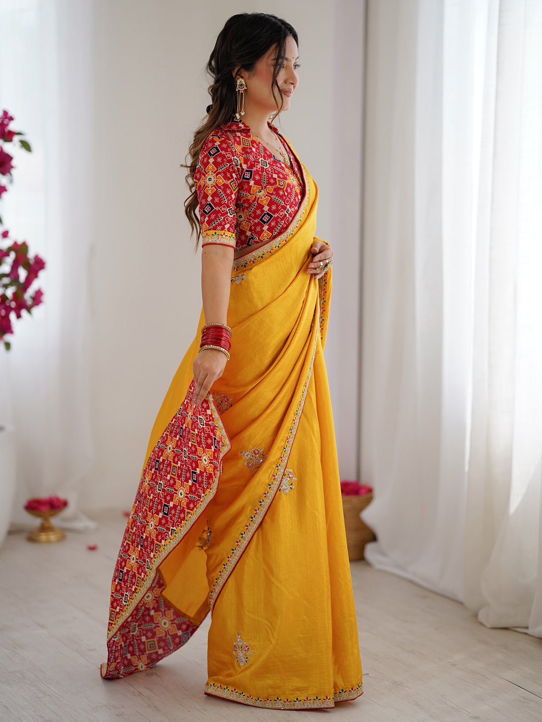Yellow Embroidered Satin Saree with Patola Print Blouse - Ressa